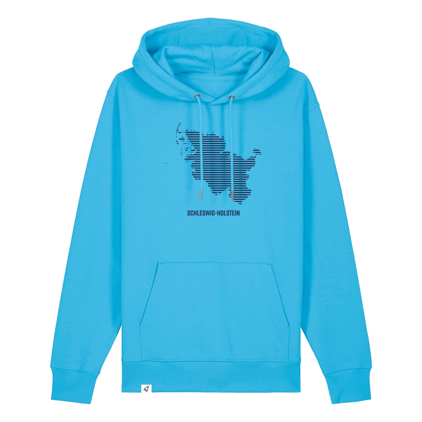 Blauer Unisex Hoodie mit Kordelzug und Kängurutasche. Auf der Brust ist in blauen Streifen der Umriss von Schleswig-Holstein. Darunter steht Schleswig-Holstein. Die Farbe vom Hoodie heißt Aqua Blue.