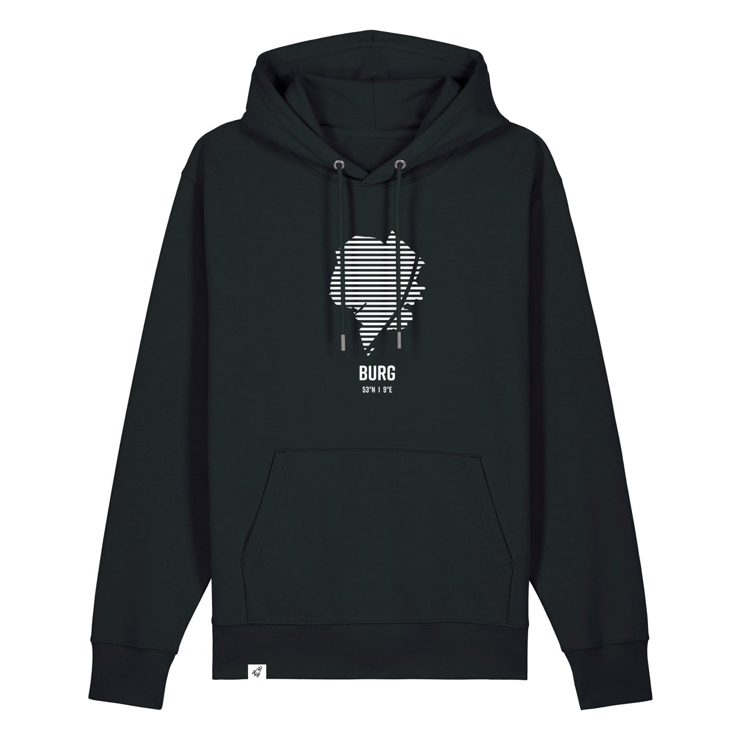 Schwarzer Unisex Hoodie mit Kordelzug und Kängurutasche. Auf der Brust ist in weißen Streifen der Umriss von Burg. Darunter steht Burg. Die Farbe vom Hoodie heißt Black.
