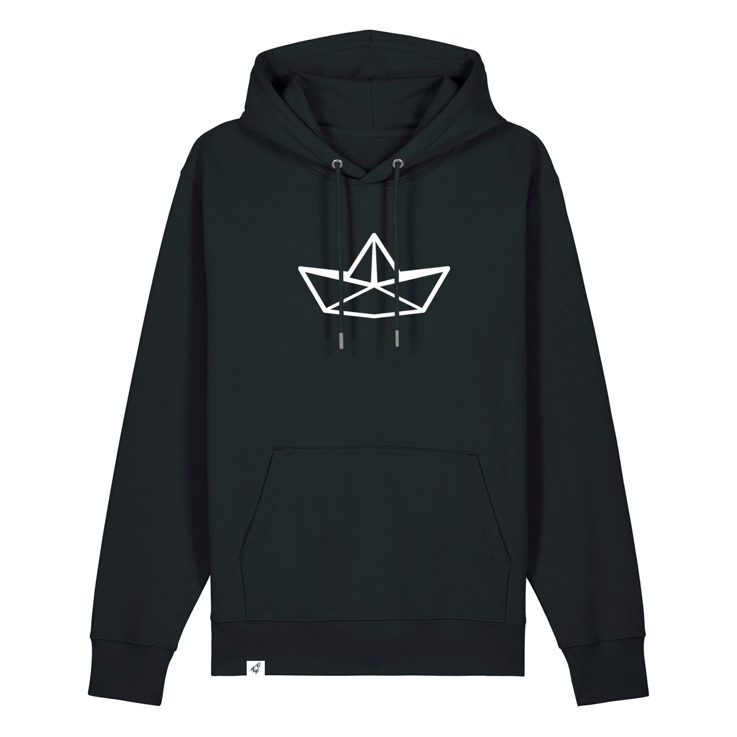 Schwarzer Unisex Hoodie mit Kordelzug und Kängerutasche. Auf der Brust ist in weiß die Grafik eines Faltbootes. Die Farbe vom Hoodie heißt Black.