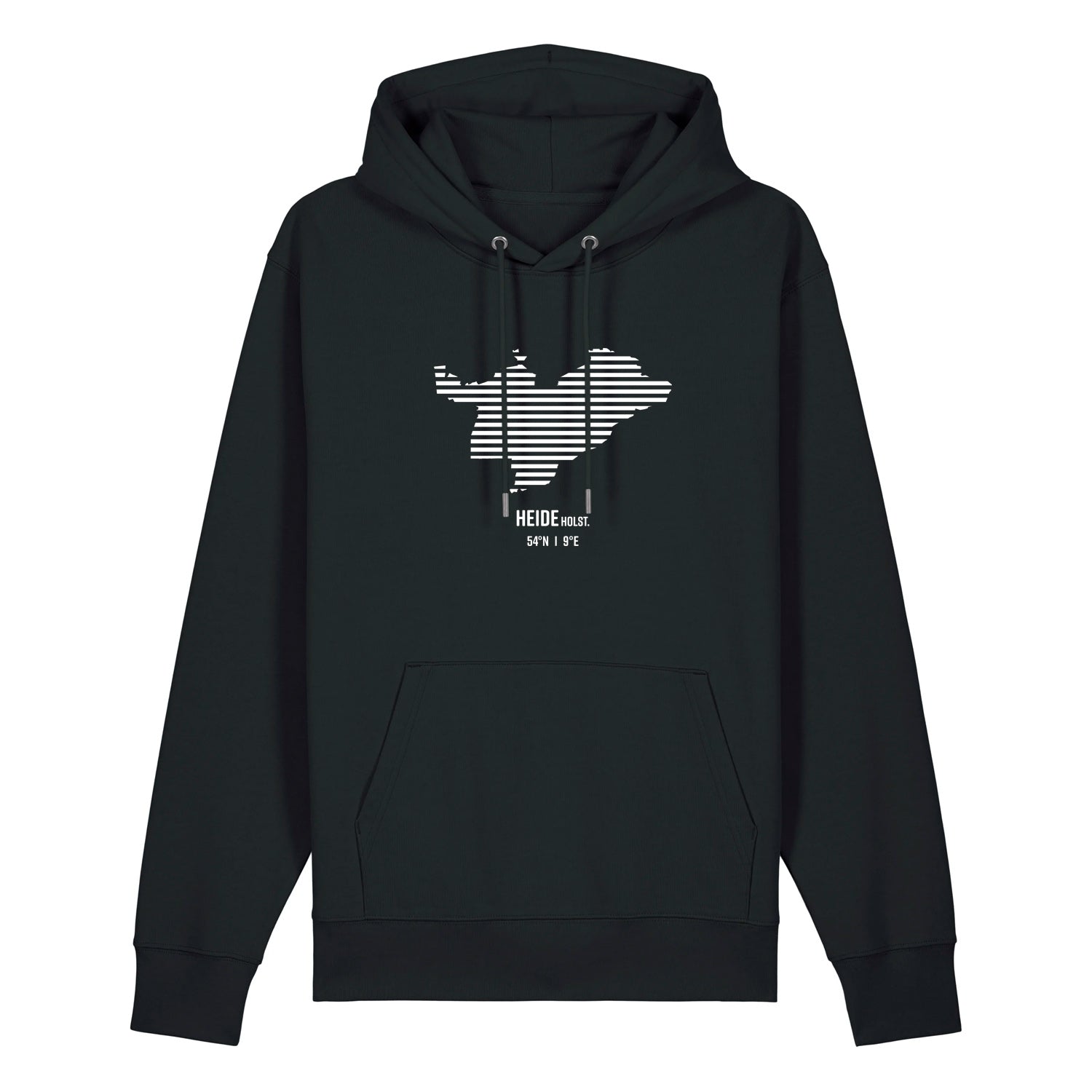 Schwarzer Unisex Hoodie mit Kordelzug und Kängerutasche. Auf der Brust ist in weißen Streifen der Umriss von Heide. Darunter steht Heide 54° N und 9° E. Die Farbe vom Hoodie heißt Black.
