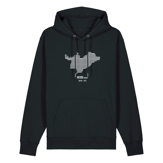 Schwarzer Unisex Hoodie mit Kordelzug und Kängerutasche. Auf der Brust ist in weißen Streifen der Umriss von Heide. Darunter steht Heide 54° N und 9° E. Die Farbe vom Hoodie heißt Black.
