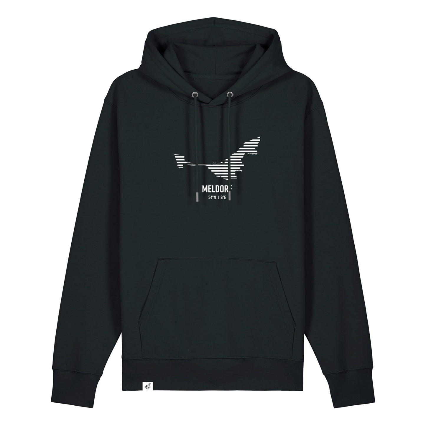 Schwarzer Unisex Hoodie mit Kordelzug und Kängurutasche. Auf der Brust ist in weißen Streifen der Umriss von Meldorf. Darunter steht Meldorf. Die Farbe vom Hoodie heißt Black.