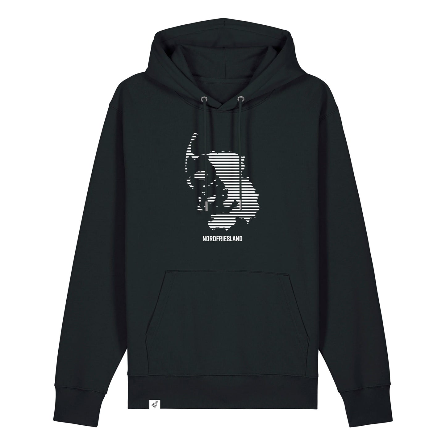 Schwarzer Unisex Hoodie mit Kordelzug und Kängurutasche. Auf der Brust ist in weißen Streifen der Umriss von Nordfriesland.