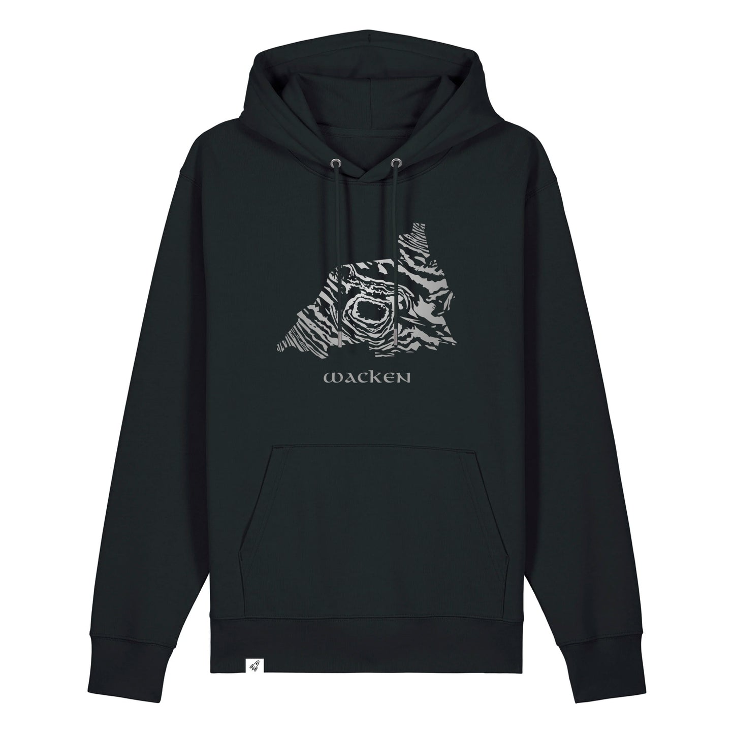 Schwarzer Unisex Hoodie mit Kordelzug und Kängerutasche. Auf der Brust ist die Ansicht von Wacken in grauem Farbverlauf. Die Fläche hat das Muster eines Damastmessers. Darunter steht in altmodischer grauer Schriftart Wacken. Die Farbe vom Hoodie heißt Black.