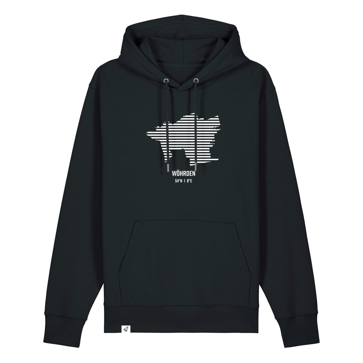 Schwarzer Unisex Hoodie mit Kordelzug und Kängurutasche. Auf der Brust ist in weißen Streifen der Umriss von Wöhrden. Darunter steht Wöhrden. Die Farbe vom Hoodie heißt Black.