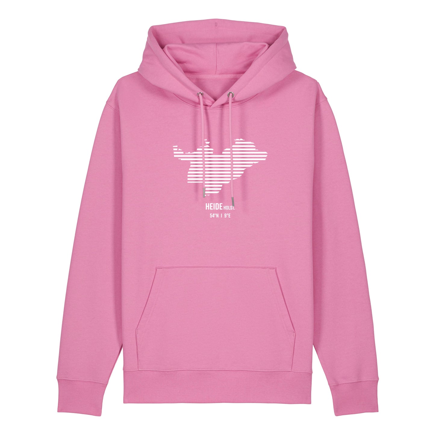 Pinker Unisex Hoodie mit Kordelzug und Kängerutasche. Auf der Brust ist in weißen Streifen der Umriss von Heide. Darunter steht Heide 54° N und 9° E. Die Farbe vom Hoodie heißt Bubble Pink.