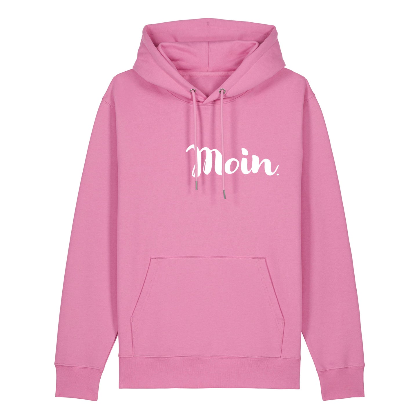 Pinker Unisex Hoodie mit Kordelzug und Kängerutasche. Auf der Brust steht leicht zur Herzseite versetzt in weißer lockerer Schrift Moin. Die Farbe vom Hoodie heißt Bubble Pink.