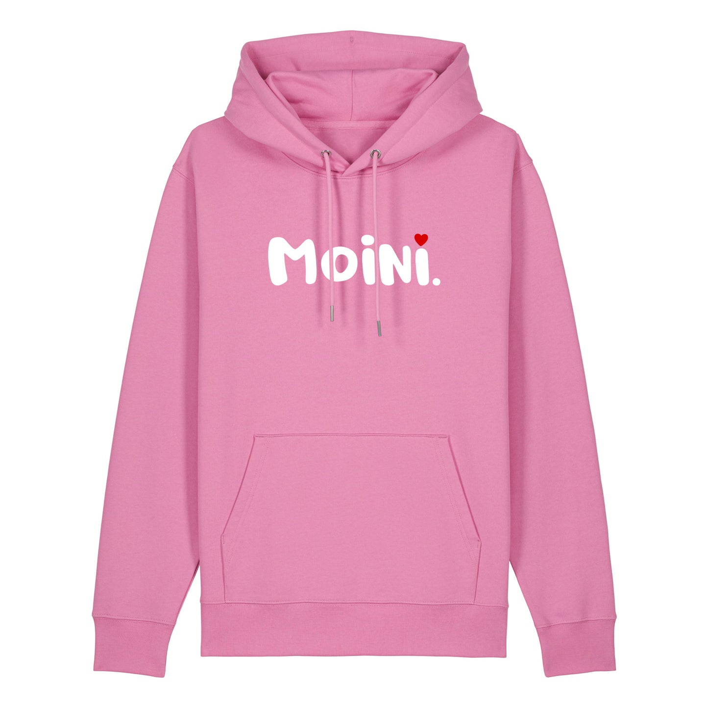 Pinker Unisex Hoodie mit Kordelzug und Kängurutasche. Auf der Brust ist in weißer Schrift der Aufdruck Moini. Über dem zweiten i ist ein rotes Herz als i-Punkt. Die Farbe vom Hoodie heißt Bubble Pink.