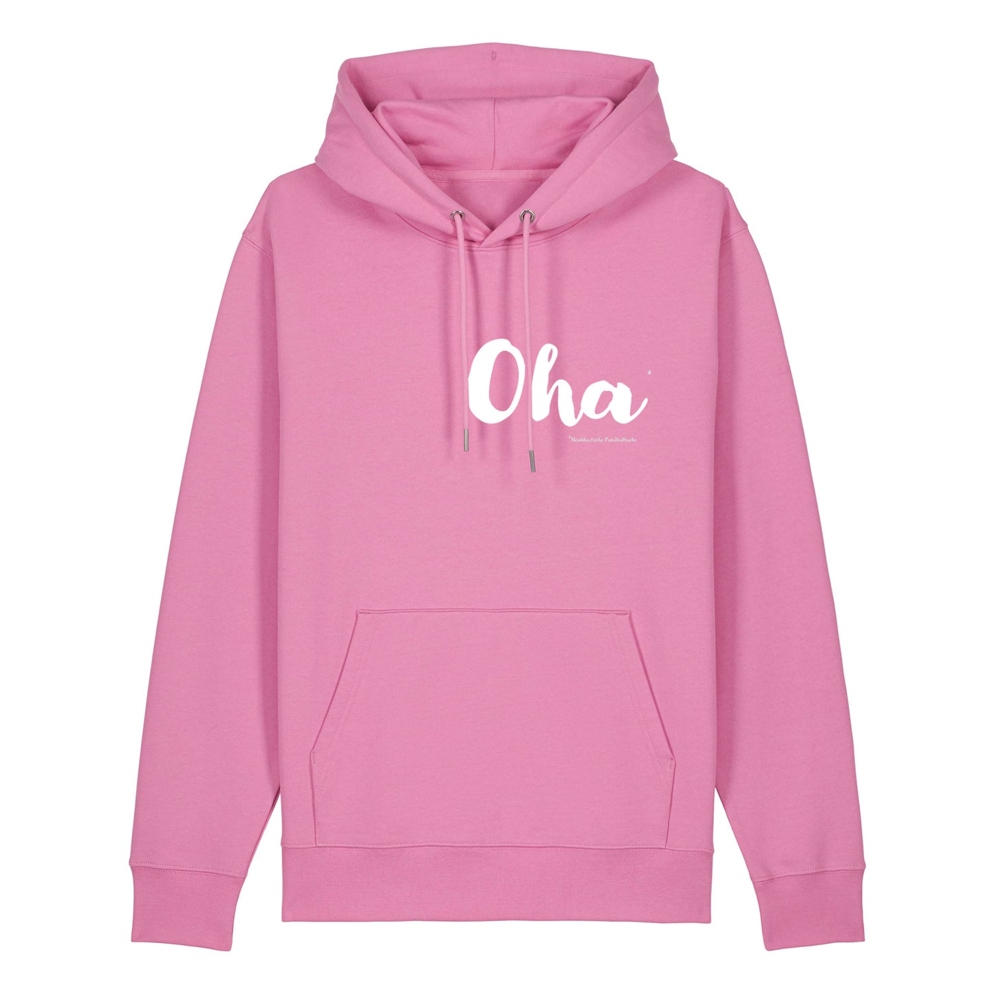 Pinker Unisex Hoodie mit Kordelzug und Kängerutasche. Auf der Brust steht leicht zur Herzseite versetzt in weißer lockerer Schrift Oha. Darunter in Grau Norddeutsche Panikattake. Die Farbe vom Hoodie heißt Bubble Pink.