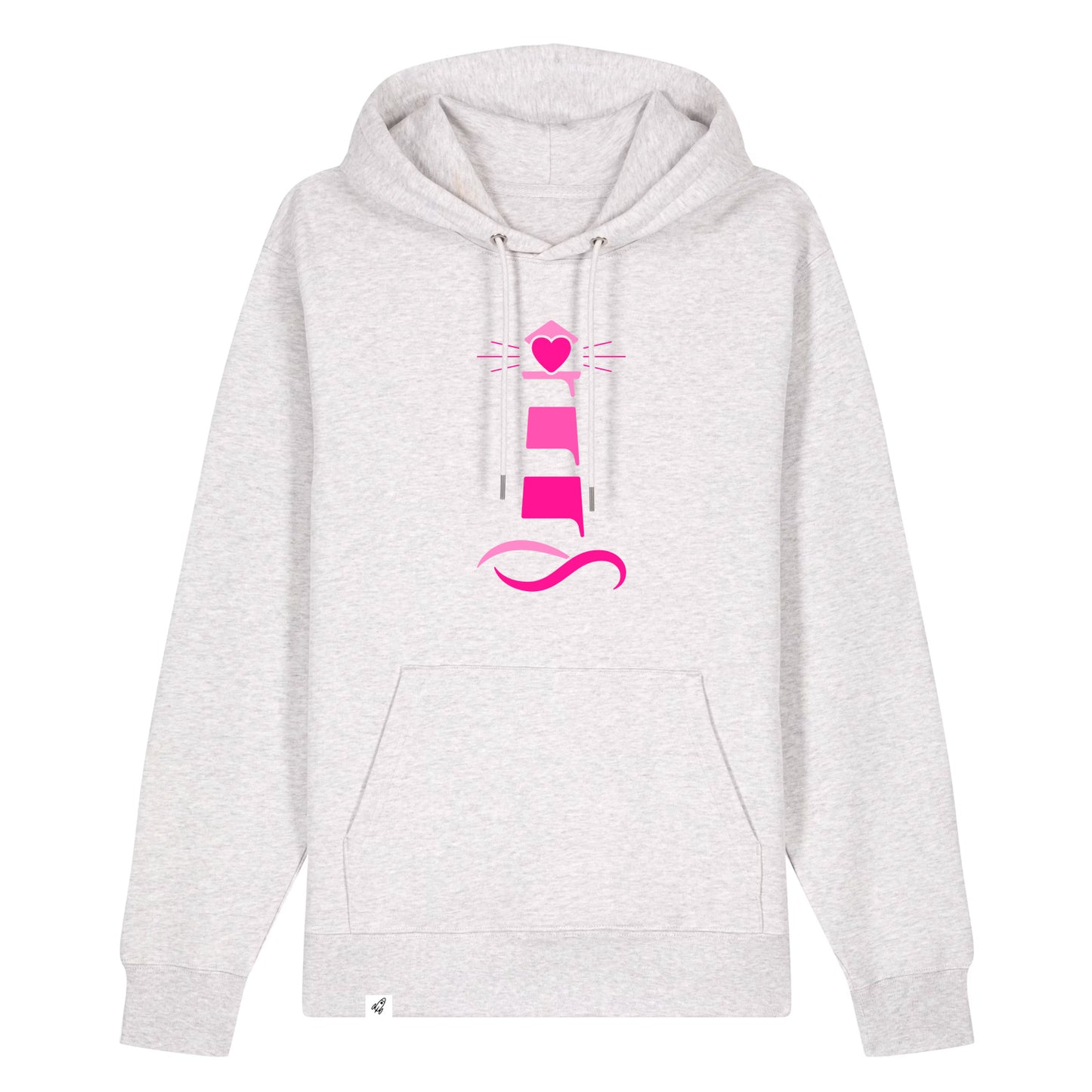 Hellgrauer Unisex Hoodie aus der Pinktober Kollektion mit Leuchtturm Motiv.