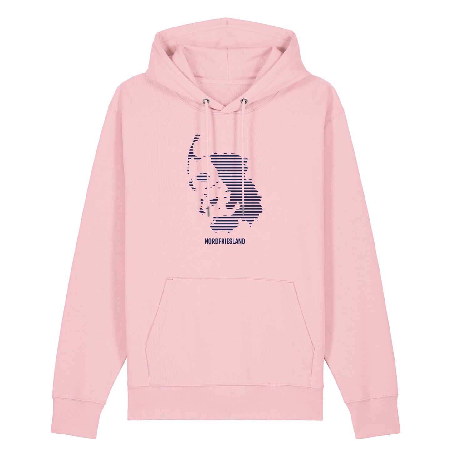 Pinker Unisex Hoodie mit Kordelzug und Kängurutasche. Auf der Brust ist in blauen Streifen der Umriss von Nordfriesland.