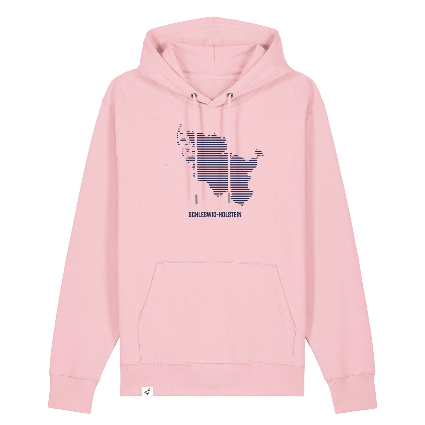 Pinker Unisex Hoodie mit Kordelzug und Kängurutasche. Auf der Brust ist in blauen Streifen der Umriss von Schleswig-Holstein. Darunter steht Schleswig-Holstein. Die Farbe vom Hoodie heißt Cotton Pink.