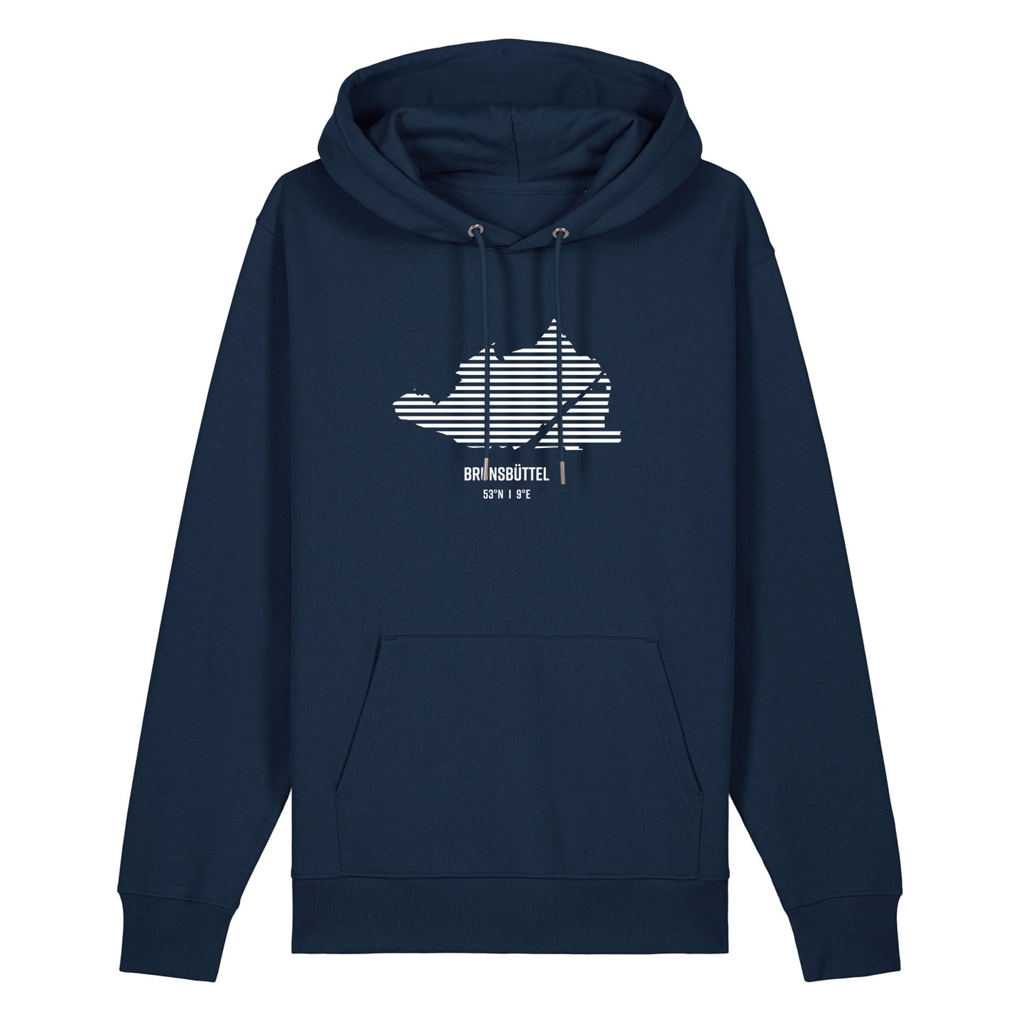 Dunkelblauer Unisex Hoodie mit Kordelzug und Kängurutasche. Auf der Brust ist in weißen Streifen der Umriss von Brunsbüttel. Darunter steht Burg 53° N und 9° E. Die Farbe vom Hoodie heißt French Navy.