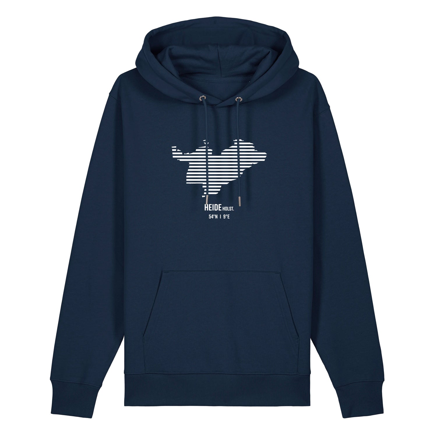 Dunkelblauer Unisex Hoodie mit Kordelzug und Kängerutasche. Auf der Brust ist in weißen Streifen der Umriss von Heide. Darunter steht Heide 54° N und 9° E. Die Farbe vom Hoodie heißt French Navy.