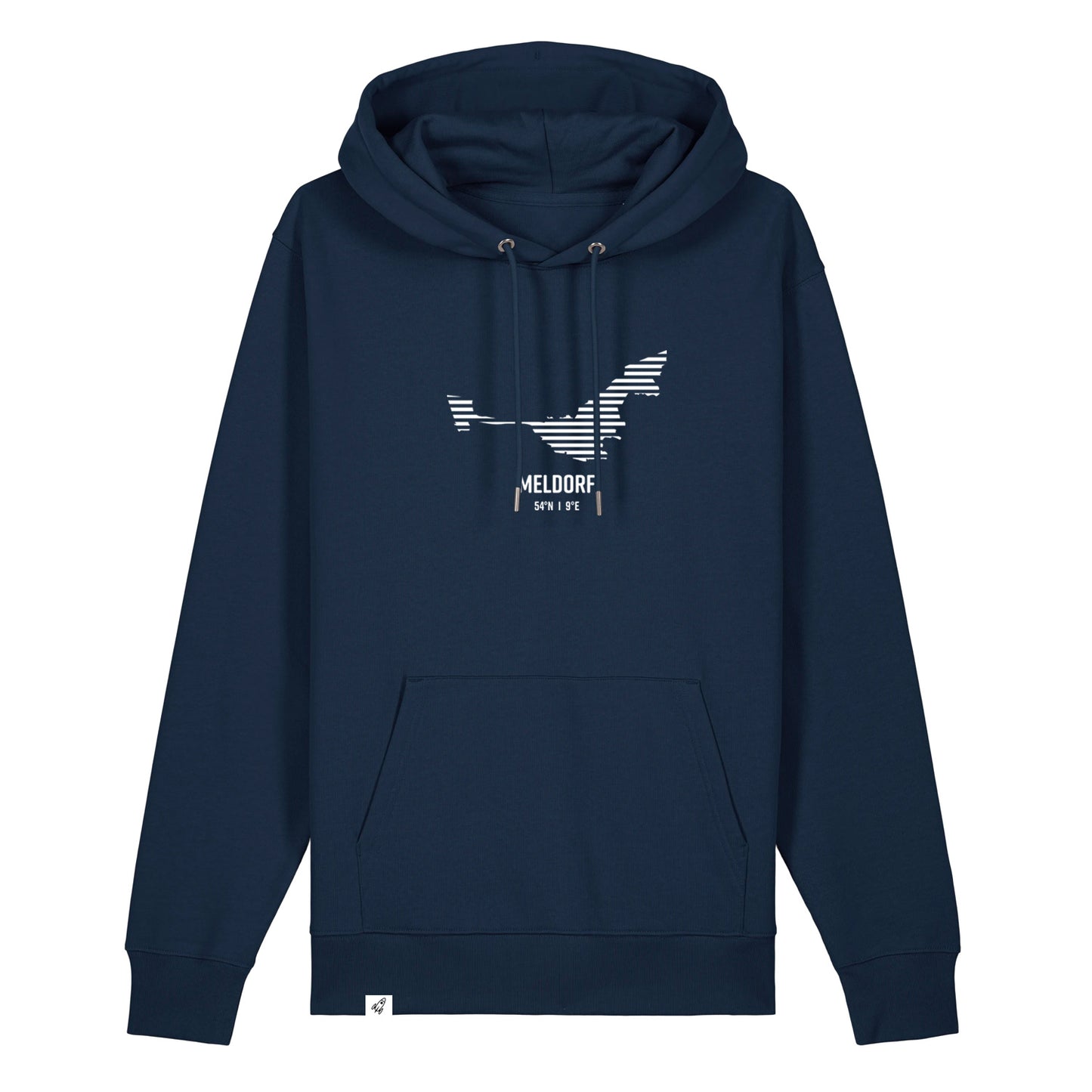 Dunkelblauer Unisex Hoodie mit Kordelzug und Kängurutasche. Auf der Brust ist in weißen Streifen der Umriss von Meldorf. Darunter steht Meldorf. Die Farbe vom Hoodie heißt French Navy.