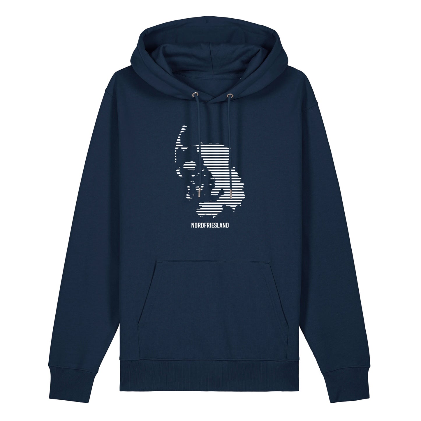 Dunkelblauer Unisex Hoodie mit Kordelzug und Kängurutasche. Auf der Brust ist in weißen Streifen der Umriss von Nordfriesland.
