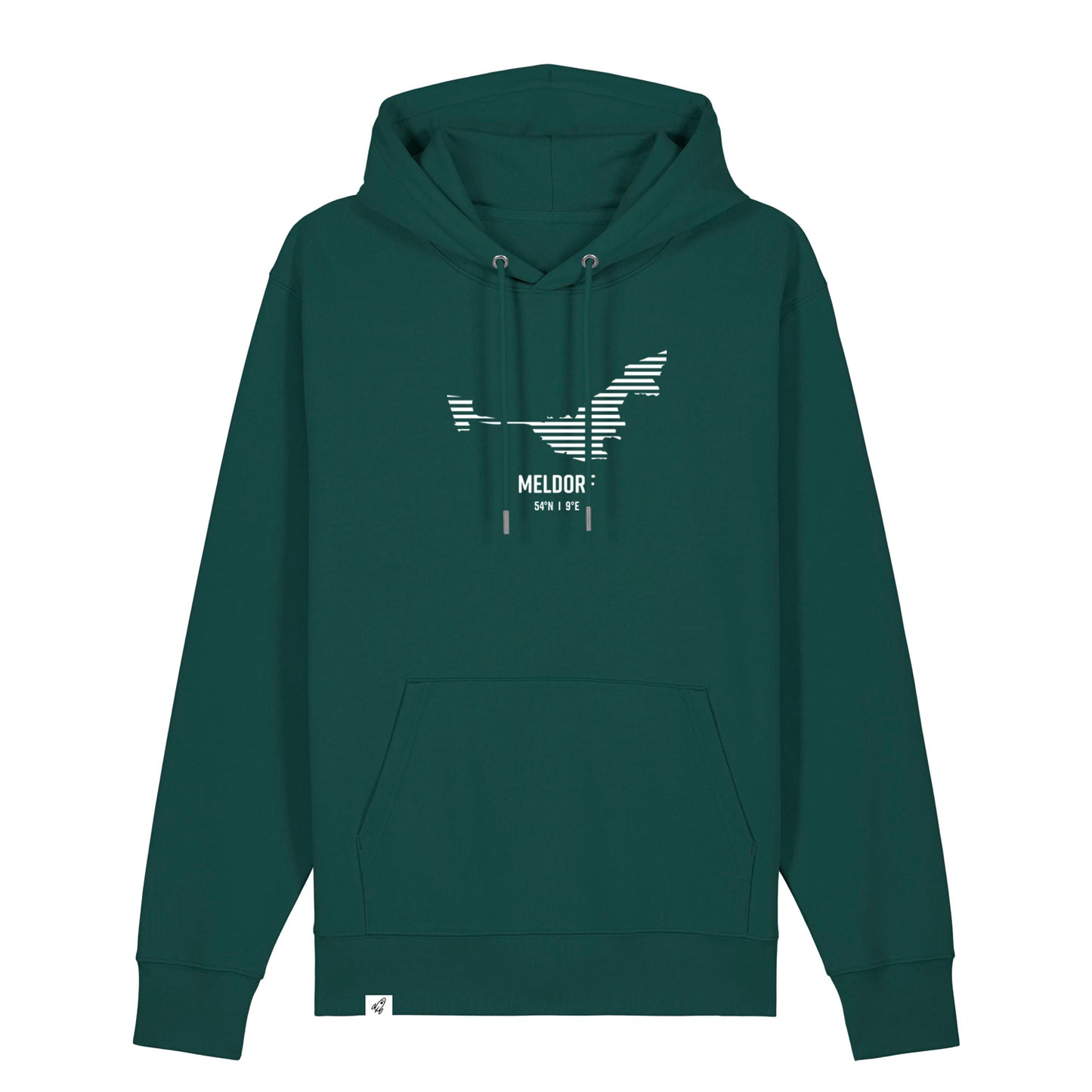 Dunkelgrüner Unisex Hoodie mit Kordelzug und Kängurutasche. Auf der Brust ist in weißen Streifen der Umriss von Meldorf. Darunter steht Meldorf. Die Farbe vom Hoodie heißt Glazed Green.