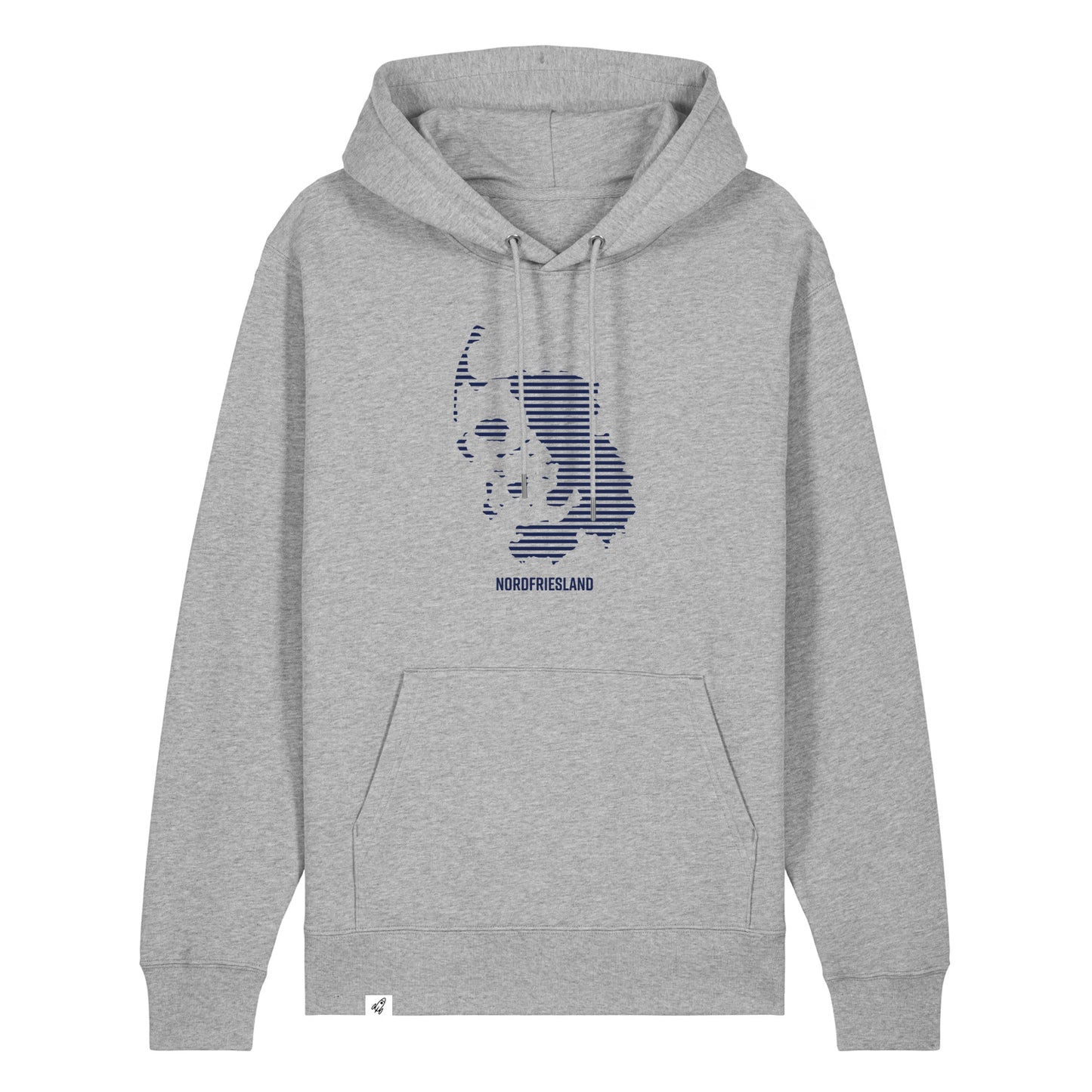 Grauer Unisex Hoodie mit Kordelzug und Kängurutasche. Auf der Brust ist in blauen Streifen der Umriss von Nordfriesland.