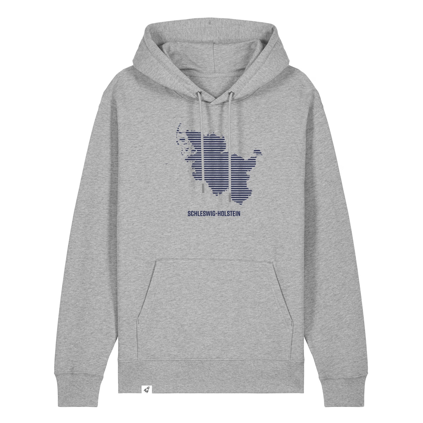Grauer Unisex Hoodie mit Kordelzug und Kängurutasche. Auf der Brust ist in blauen Streifen der Umriss von Schleswig-Holstein. Darunter steht Schleswig-Holstein. Die Farbe vom Hoodie heißt Heather Grey.