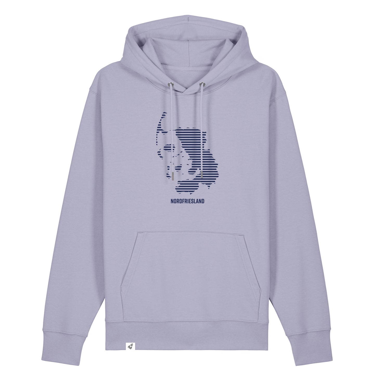 Fliederfarbiger Unisex Hoodie mit Kordelzug und Kängurutasche. Auf der Brust ist in blauen Streifen der Umriss von Nordfriesland.