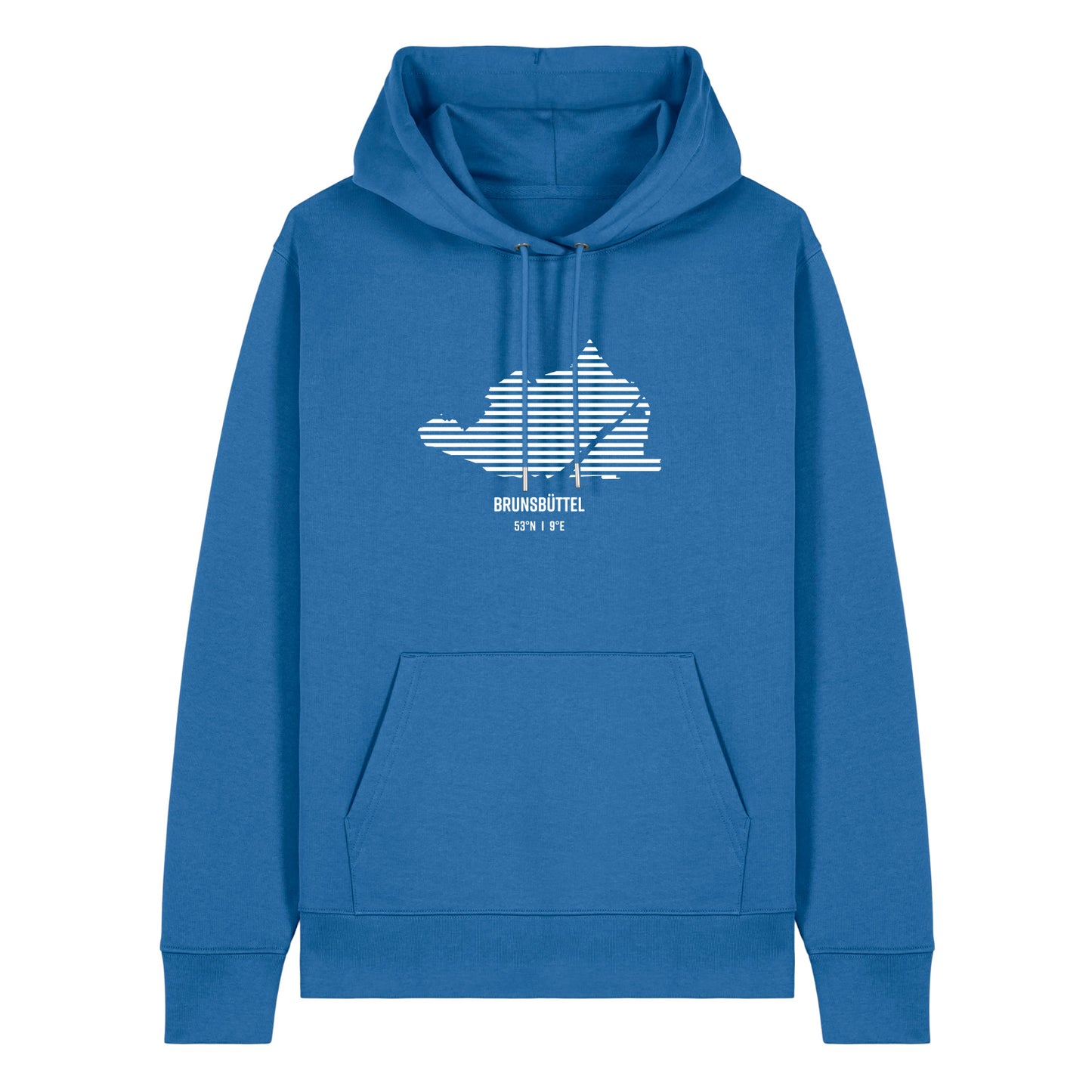 Blauer Unisex Hoodie mit Kordelzug und Kängurutasche. Auf der Brust ist in weißen Streifen der Umriss von Brunsbüttel. Darunter steht Burg 53° N und 9° E. Die Farbe vom Hoodie heißt Mindful Blue.