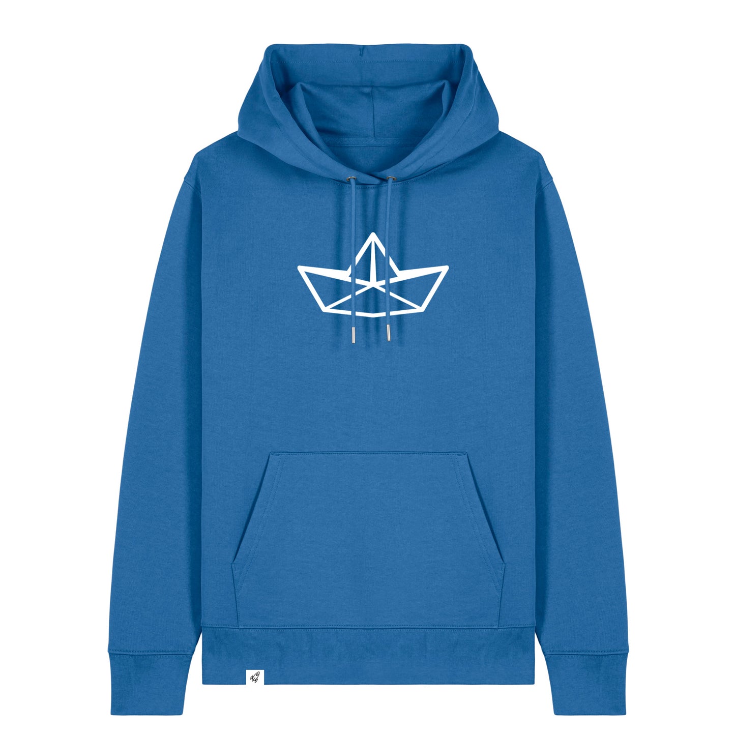 Blauer Unisex Hoodie mit Kordelzug und Kängerutasche. Auf der Brust ist in weiß die Grafik eines Faltbootes. Die Farbe vom Hoodie heißt Mindful Blue.