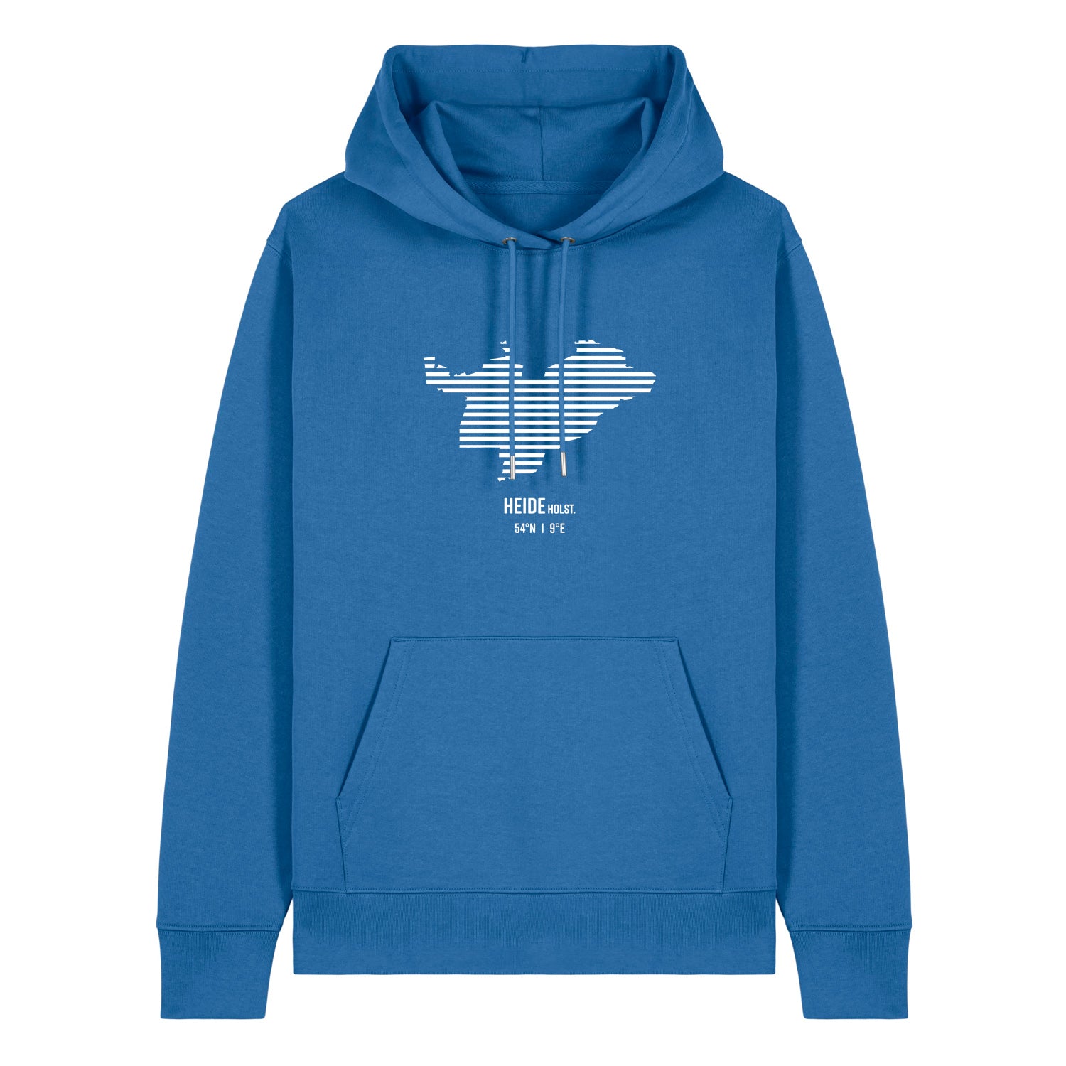 Blauer Unisex Hoodie mit Kordelzug und Kängerutasche. Auf der Brust ist in weißen Streifen der Umriss von Heide. Darunter steht Heide 54° N und 9° E. Die Farbe vom Hoodie heißt Mindful Blue.