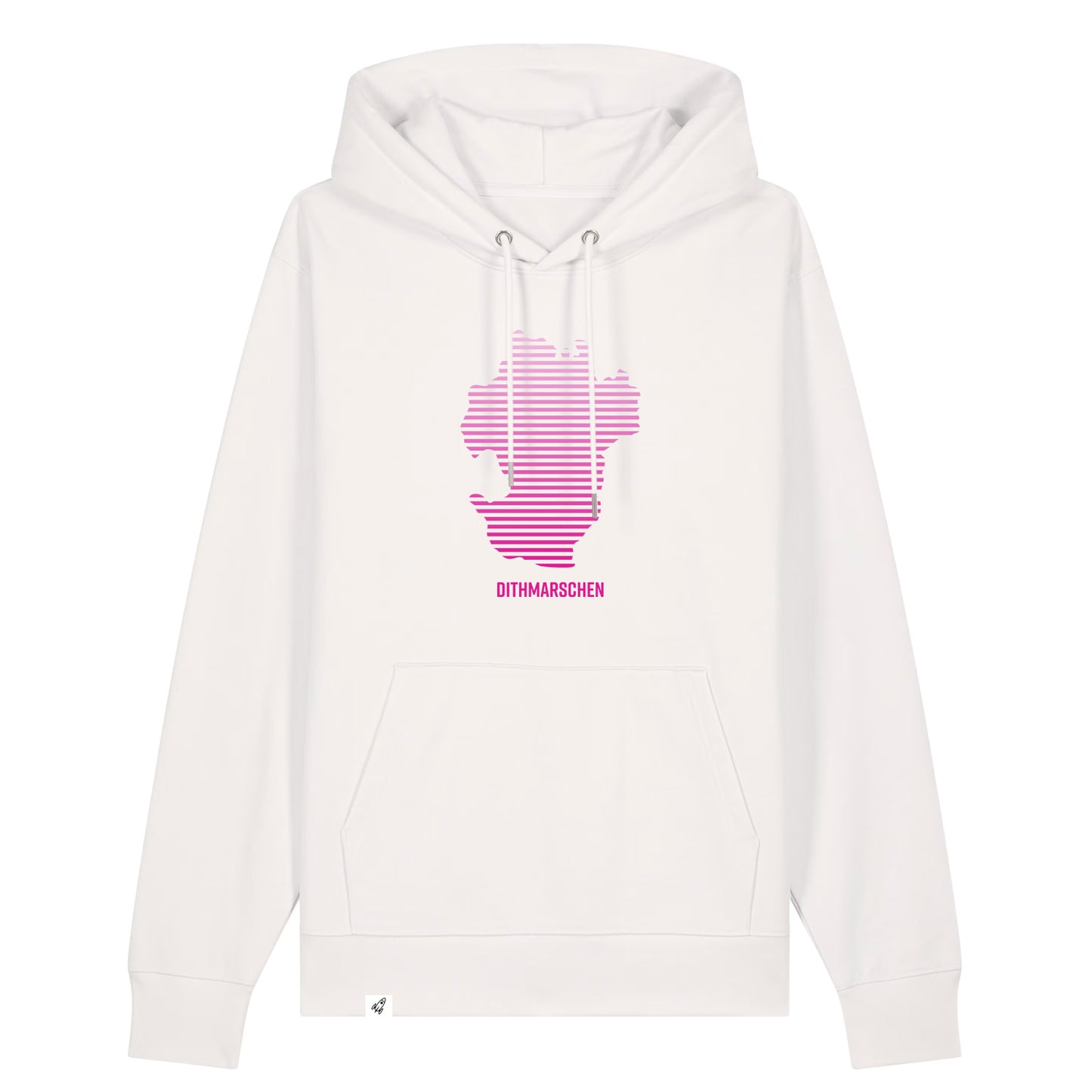 Altweißer Unisex Hoodie mit Kapuze. Auf der Brust ist ein pinker Dithmarschen Aufdruck in Streifen. Unter dem Umriss steht Dithmarschen.