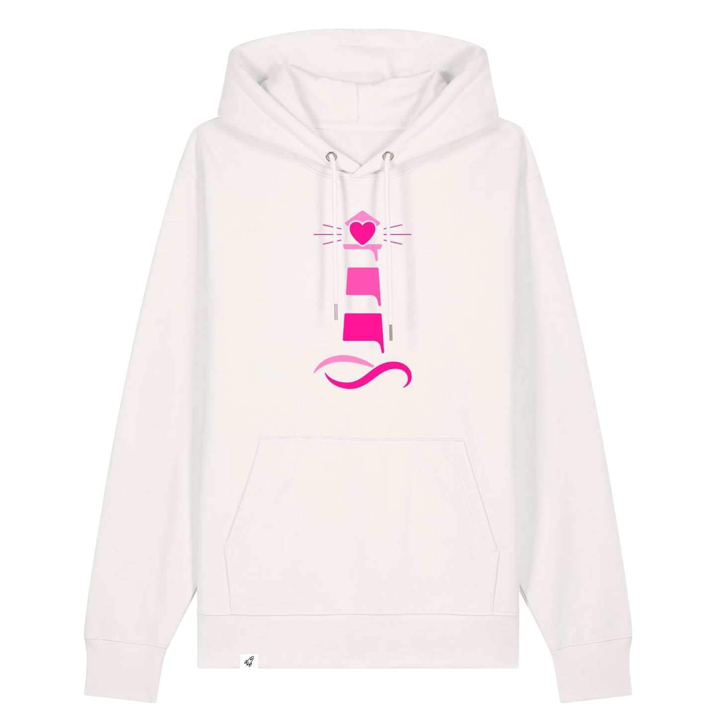 Altweißer Unisex Hoodie aus der Pinktober Kollektion mit Leuchtturm Motiv.