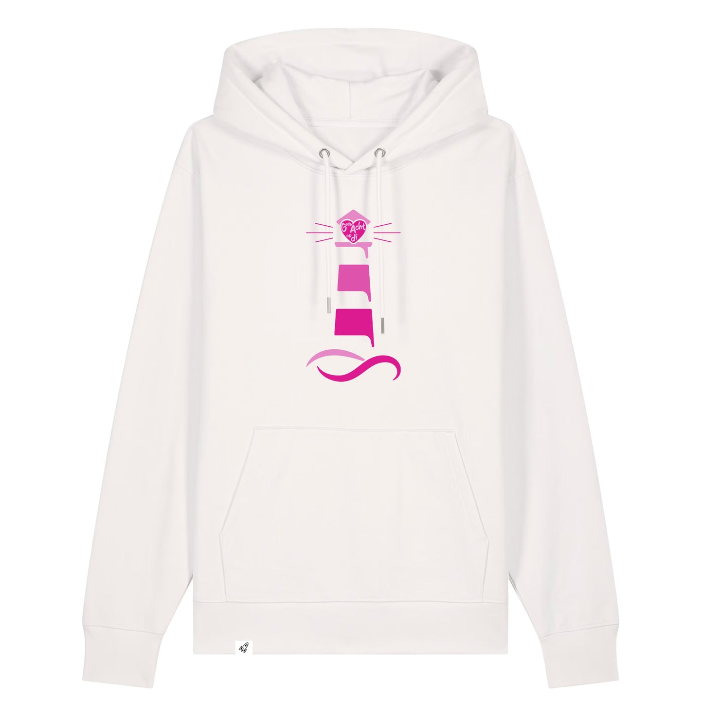 Altweißer Unisex Hoodie aus der Pinktober Kollektion mit Leuchtturm Motiv.
