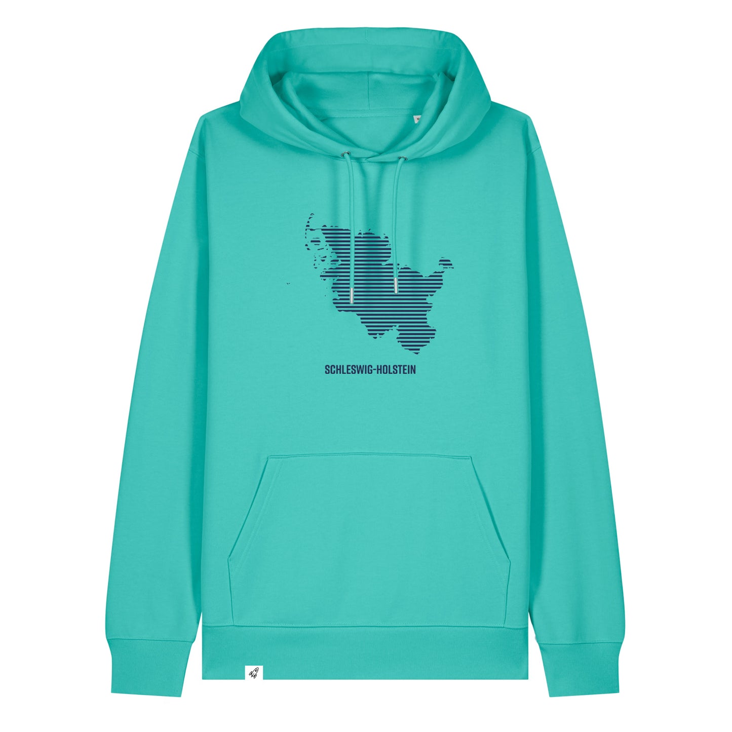 Blauer Unisex Hoodie mit Kordelzug und Kängurutasche. Auf der Brust ist in blauen Streifen der Umriss von Schleswig-Holstein. Darunter steht Schleswig-Holstein. Die Farbe vom Hoodie heißt Pool Blue.