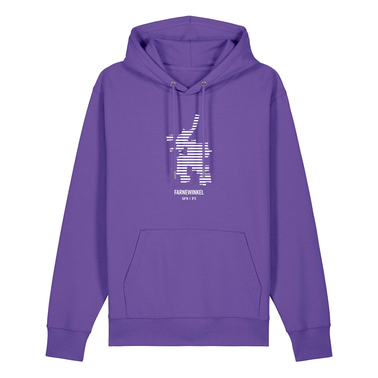 Lila Unisex Hoodie mit Kordelzug und Kängurutasche. Auf der Brust ist in weißen Streifen der Umriss von Farnewinkel. Darunter steht Farnewinkel 54° N und 9° E. Die Farbe vom Hoodie heißt Purple Love.