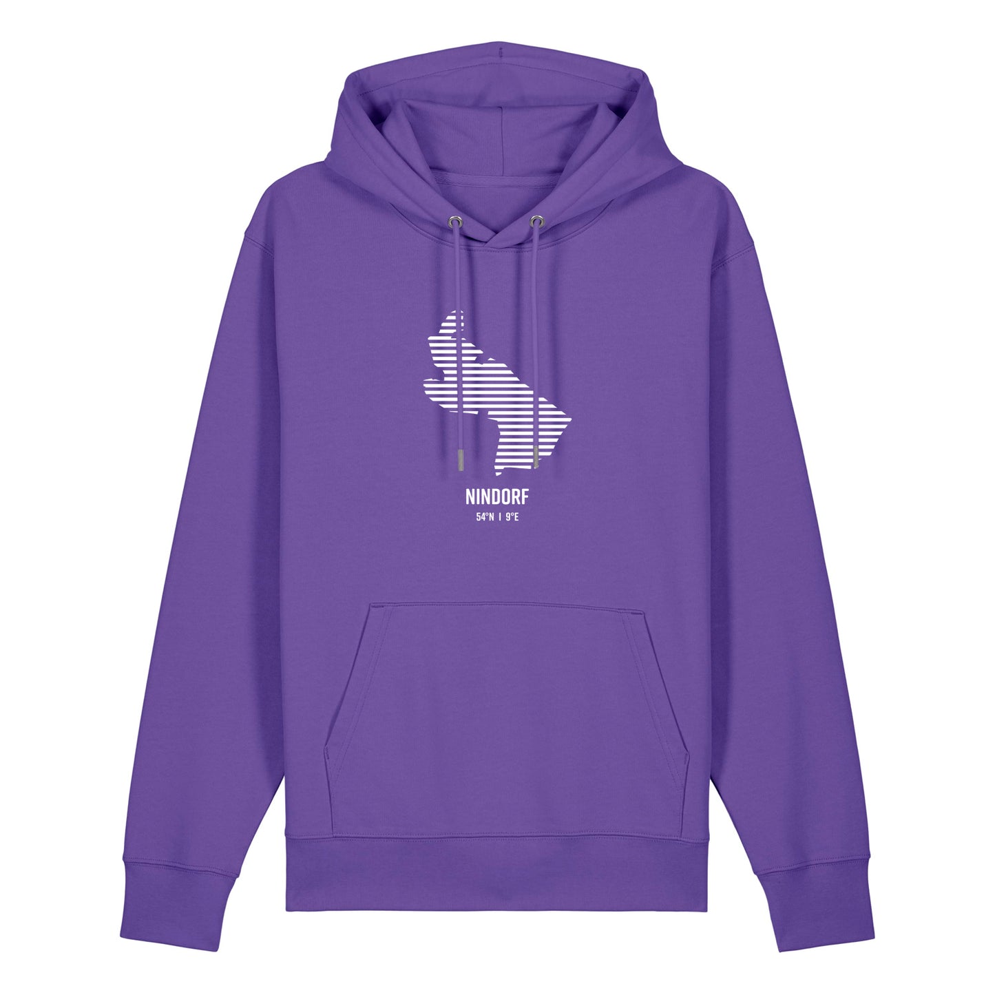 Lila Unisex Hoodie mit Kordelzug und Kängerutasche. Auf der Brust ist in weißen Streifen der Umriss von Nindorf. Darunter steht Nindorf 54° N und 9° E. Die Farbe vom Hoodie heißt Purple Love.