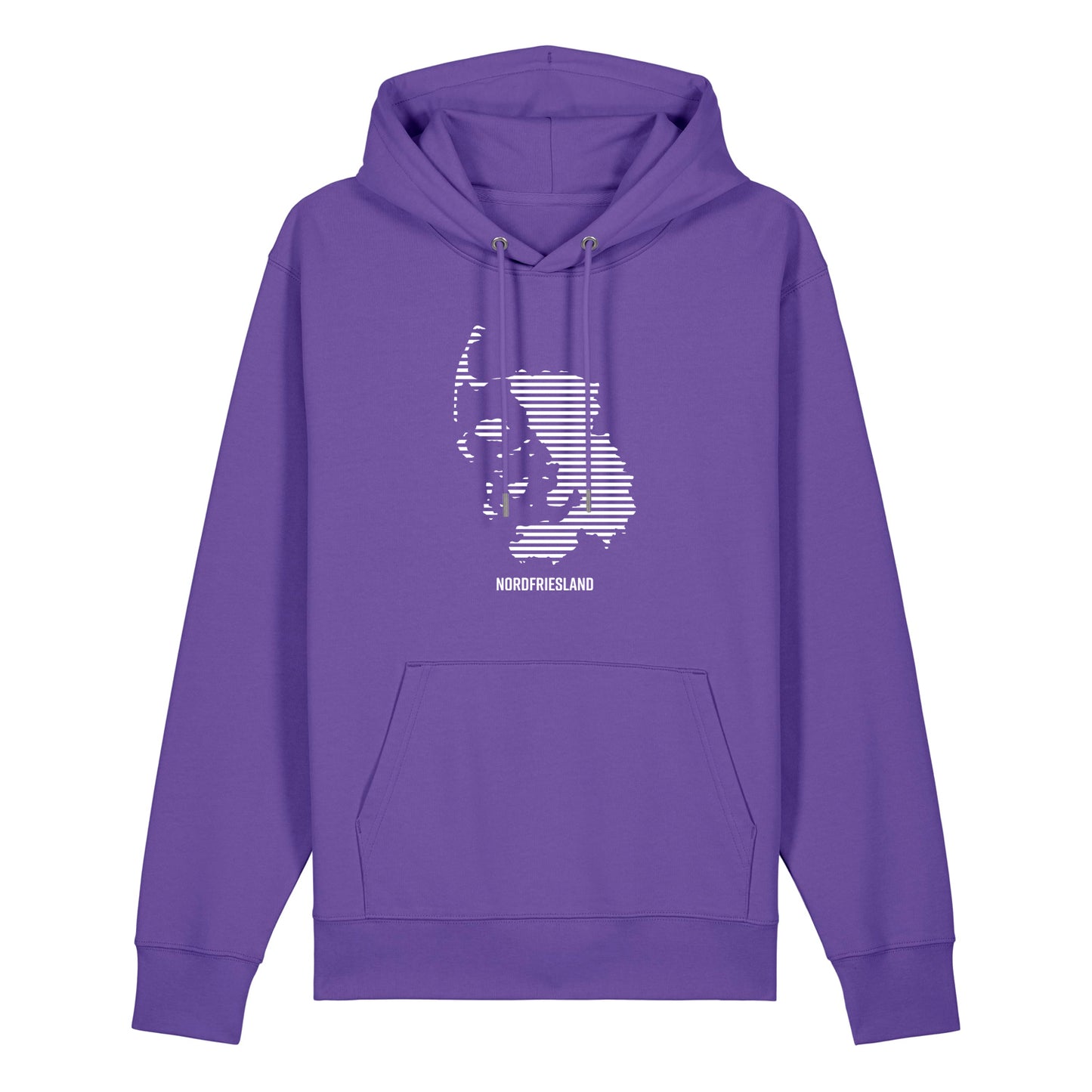 Lila Unisex Hoodie mit Kordelzug und Kängurutasche. Auf der Brust ist in weißen Streifen der Umriss von Nordfriesland.