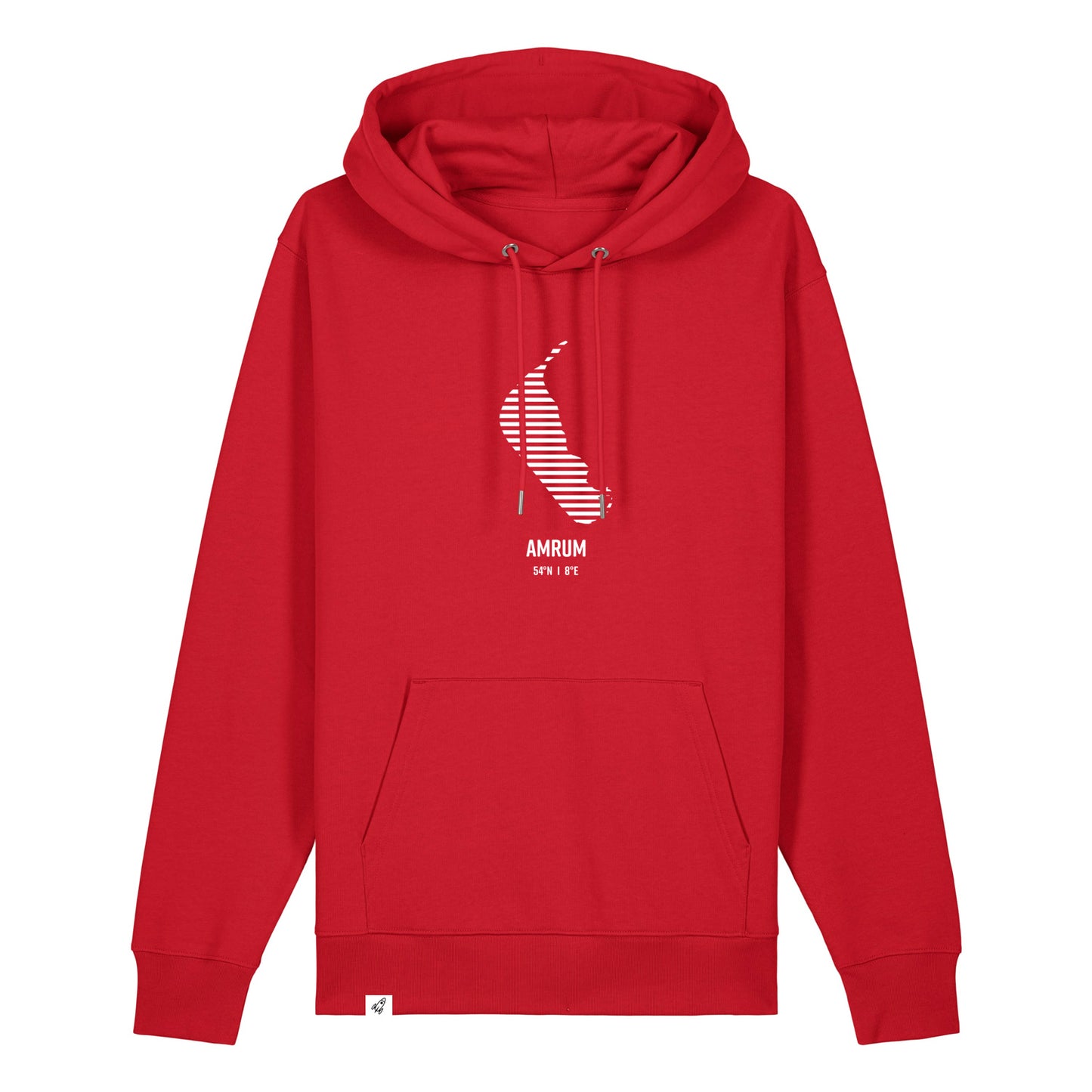 Roter Unisex Hoodie mit Kordelzug und Kängurutasche. Auf der Brust ist in weißen Streifen der Umriss von Amrum. Darunter steht Amrum. Die Farbe vom Hoodie heißt Red.