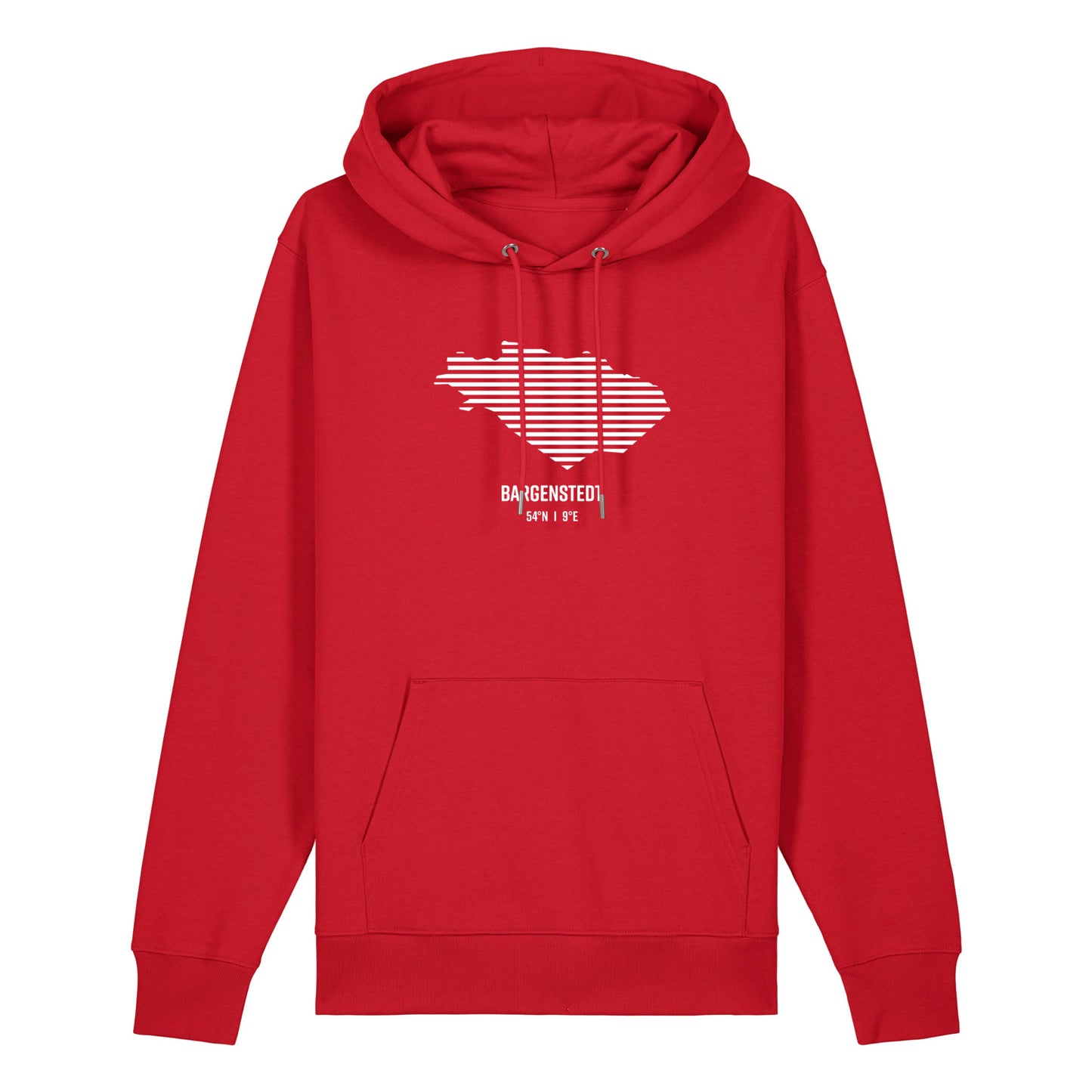 Roter Unisex Hoodie mit Kordelzug und Kängerutasche. Auf der Brust ist in weißen Streifen der Umriss von Bargenstedt. Darunter steht Bargenstedt 54° N und 9° E. Die Farbe vom Hoodie heißt Red.