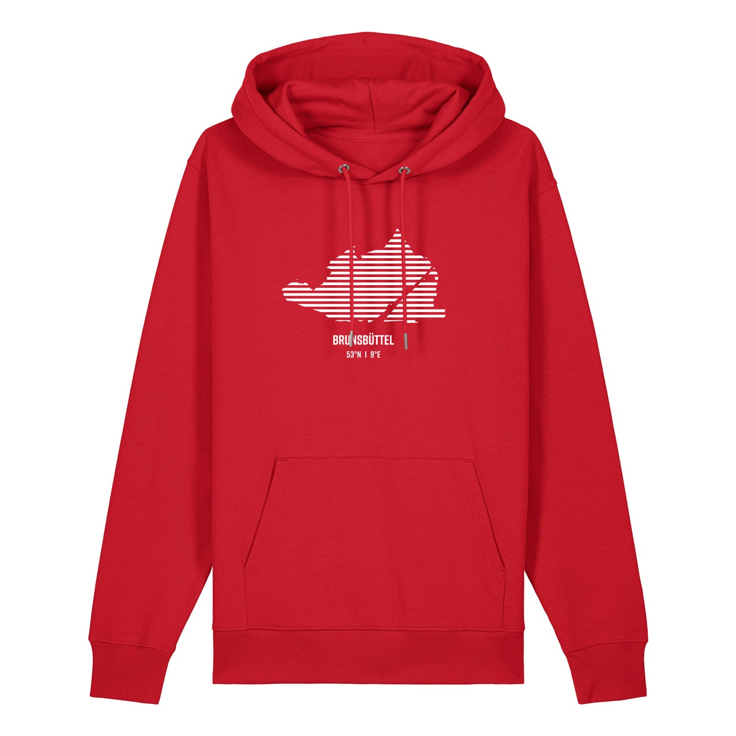 Roter Unisex Hoodie mit Kordelzug und Kängurutasche. Auf der Brust ist in weißen Streifen der Umriss von Brunsbüttel. Darunter steht Burg 53° N und 9° E. Die Farbe vom Hoodie heißt Red.