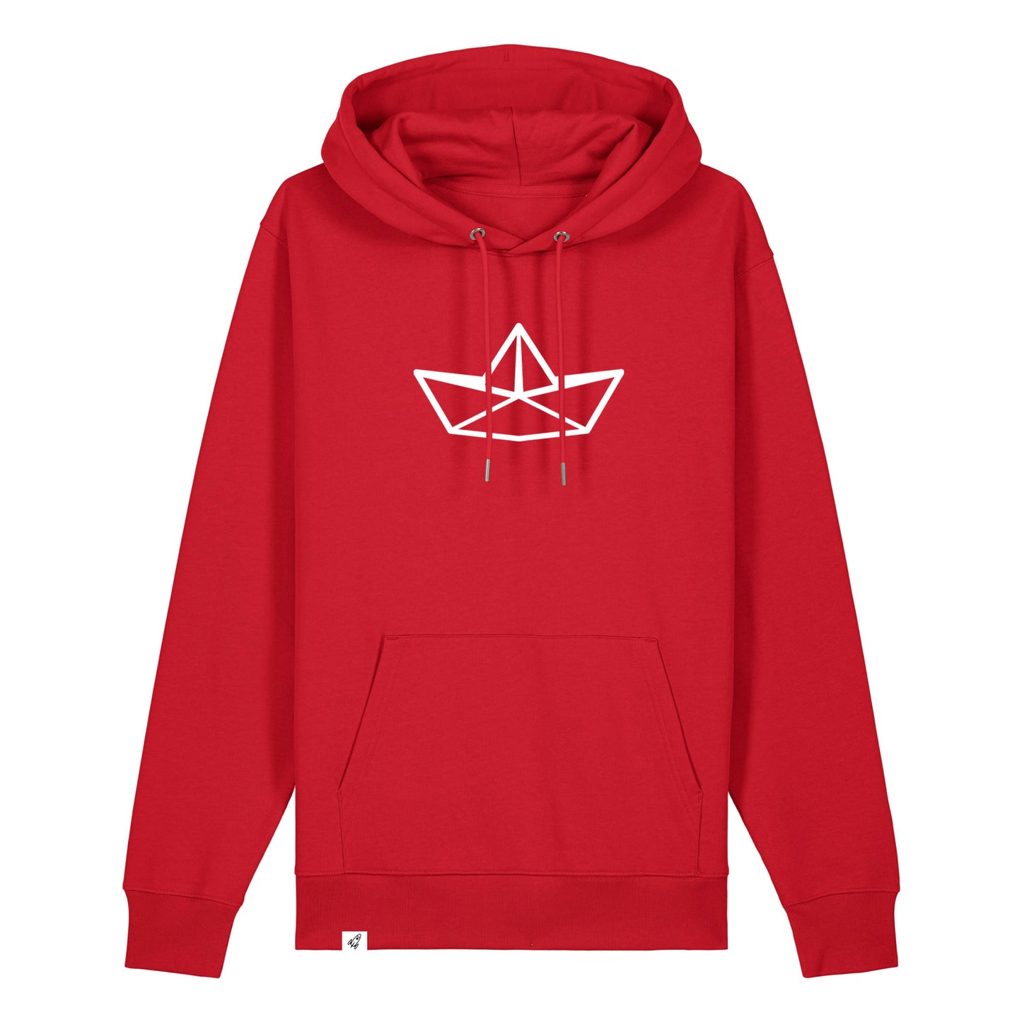 Roter Unisex Hoodie mit Kordelzug und Kängerutasche. Auf der Brust ist in weiß die Grafik eines Faltbootes. Die Farbe vom Hoodie heißt Red.