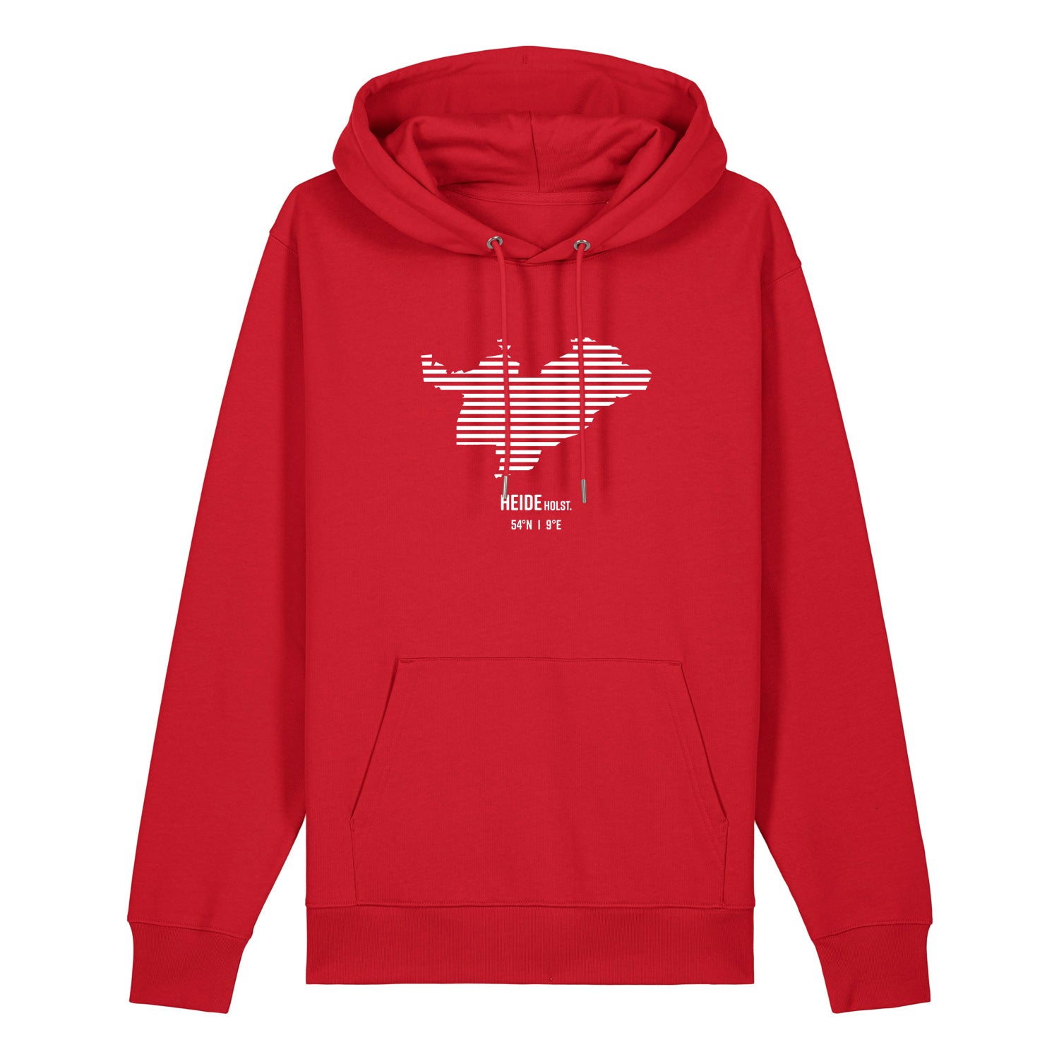 Roter Unisex Hoodie mit Kordelzug und Kängerutasche. Auf der Brust ist in weißen Streifen der Umriss von Heide. Darunter steht Heide 54° N und 9° E. Die Farbe vom Hoodie heißt Red.