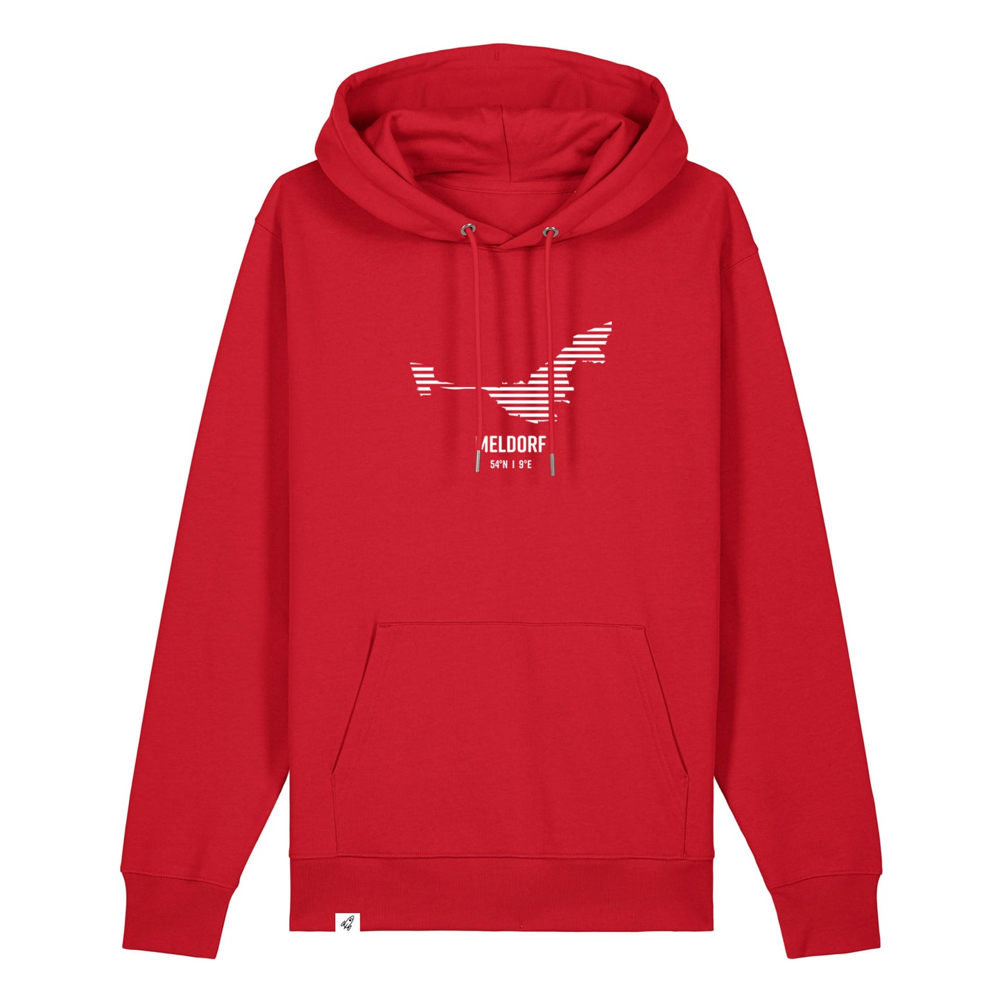 Roter Unisex Hoodie mit Kordelzug und Kängurutasche. Auf der Brust ist in weißen Streifen der Umriss von Meldorf. Darunter steht Meldorf. Die Farbe vom Hoodie heißt Red.