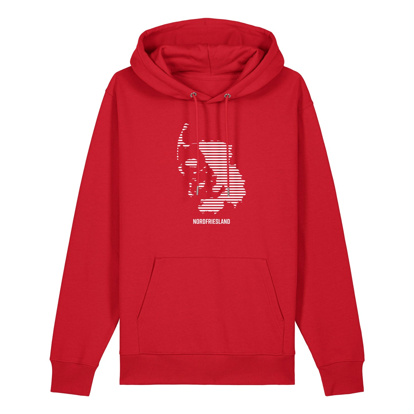 Roter Unisex Hoodie mit Kordelzug und Kängurutasche. Auf der Brust ist in weißen Streifen der Umriss von Nordfriesland.