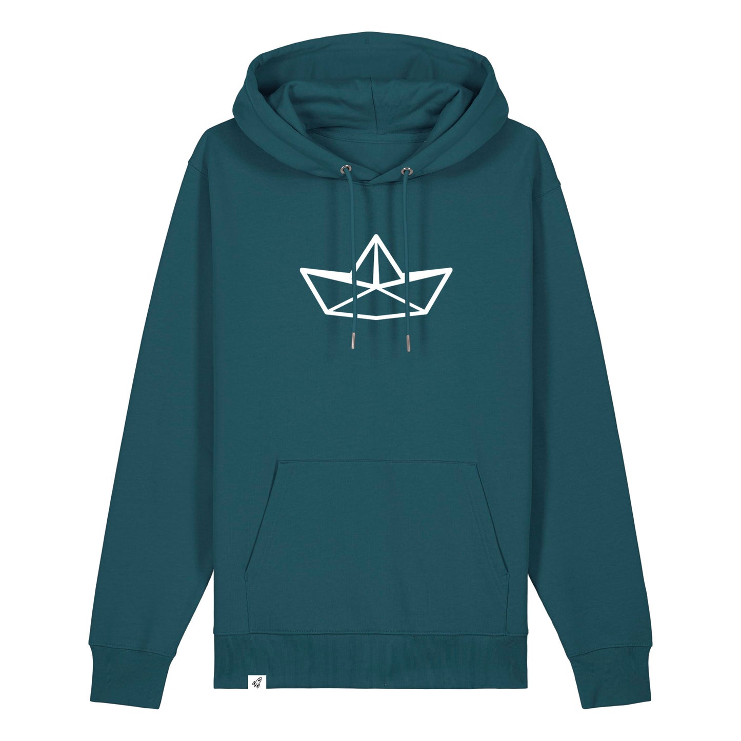 Petrolfarbiger Unisex Hoodie mit Kordelzug und Kängerutasche. Auf der Brust ist in weiß die Grafik eines Faltbootes. Die Farbe vom Hoodie heißt Stargazer.