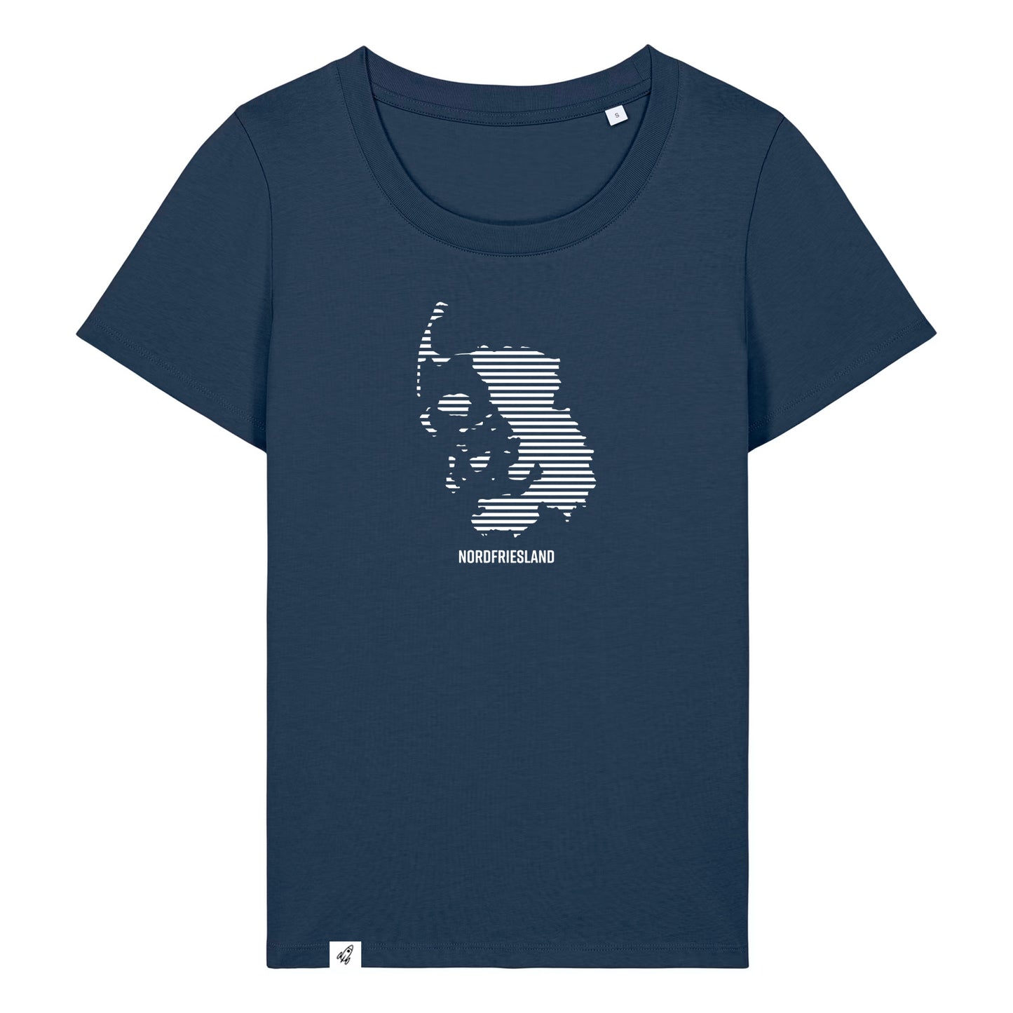 Dunkelblaues Damen T-Shirt mit dem Nordfriesland Umriss in weißen Streifen.