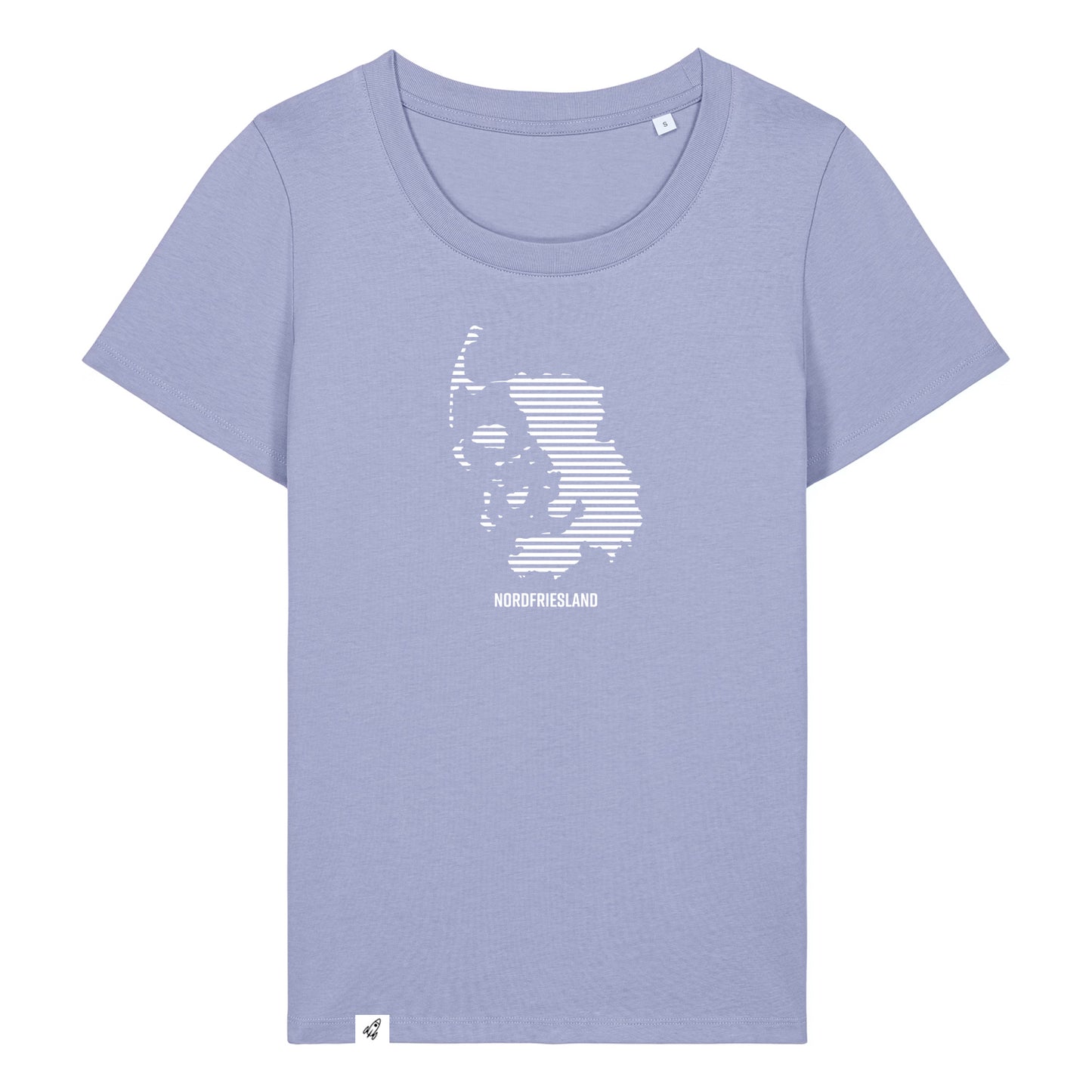 Violettes Damen T-Shirt mit dem Nordfriesland Umriss in weißen Streifen.