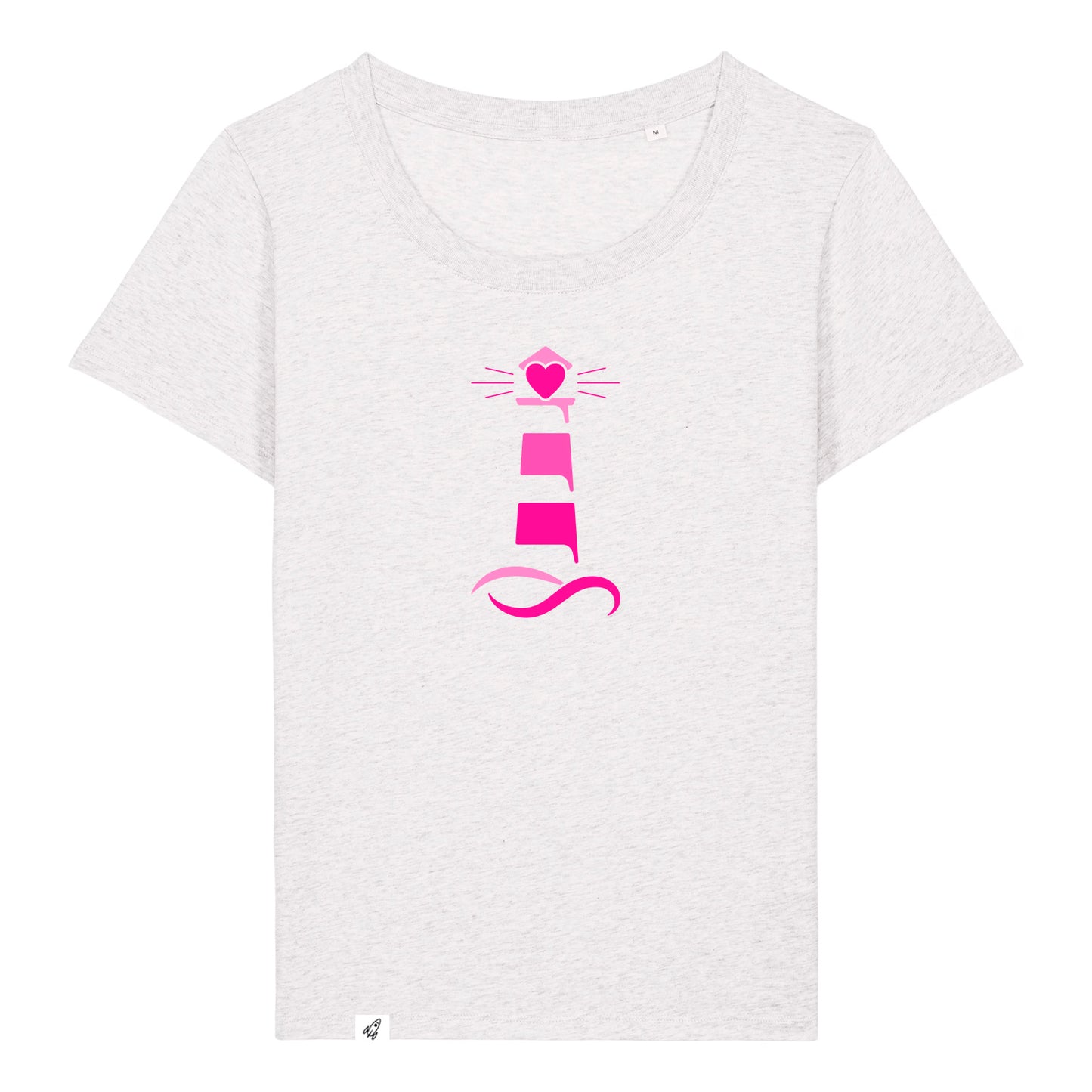 Hellgraues Damen T-Shirt aus der Pinktober Kollektion mit Leuchtturm Motiv.