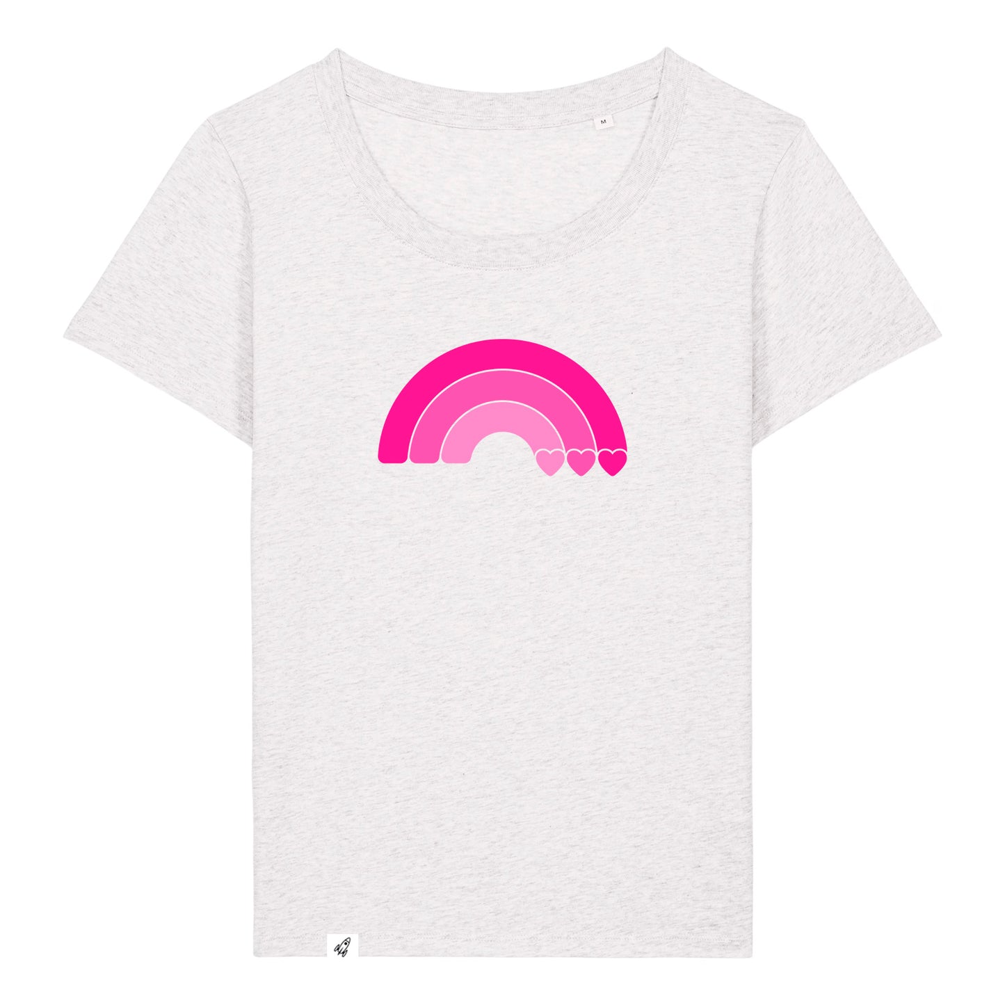 Hellgraues Damen T-Shirt aus der Pinktober Kollektion mit Regenbogen Motiv.