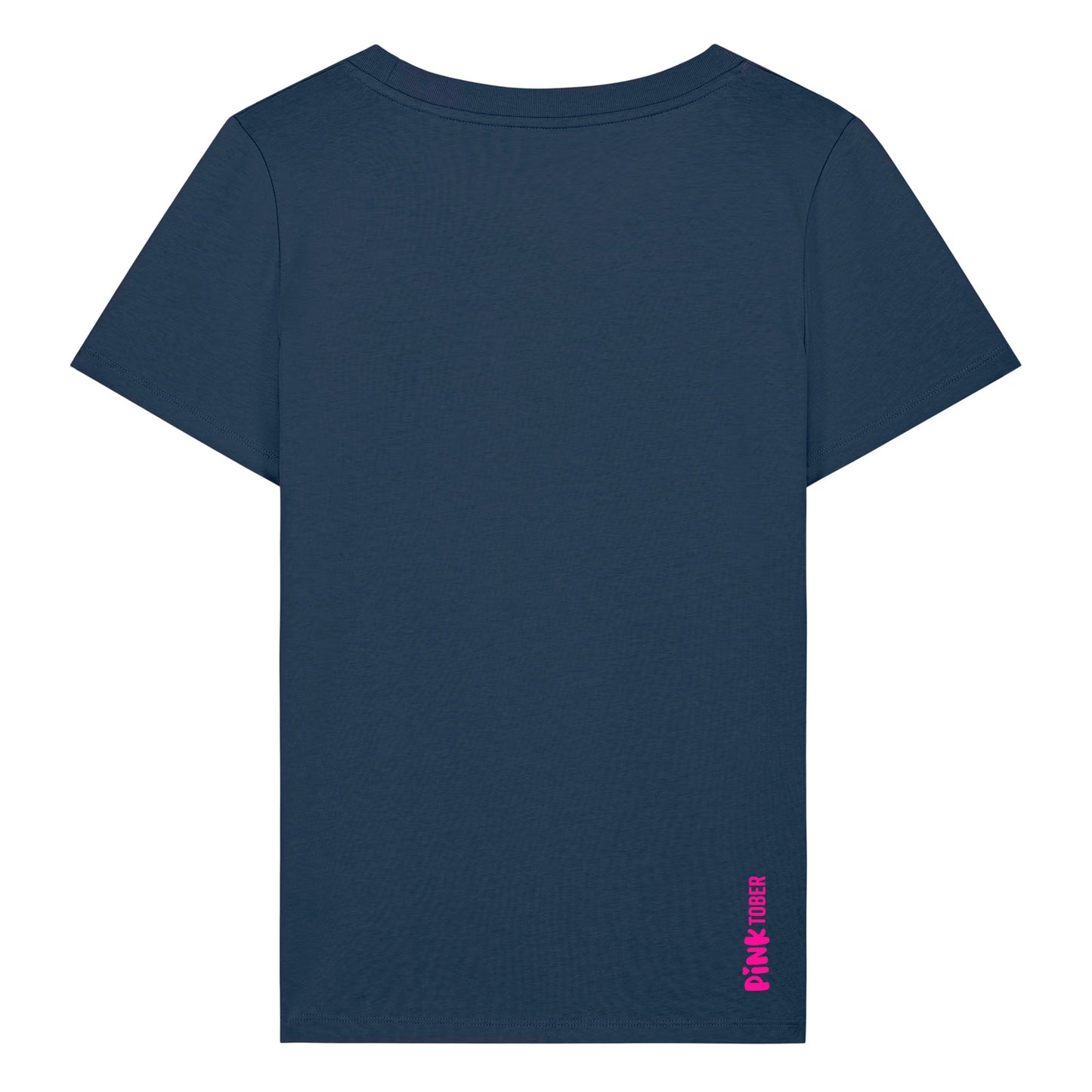 Dunkelblaues Damen T-Shirt aus der Pinktober Kollektion mit Logo Motiv auf der Rückseite.