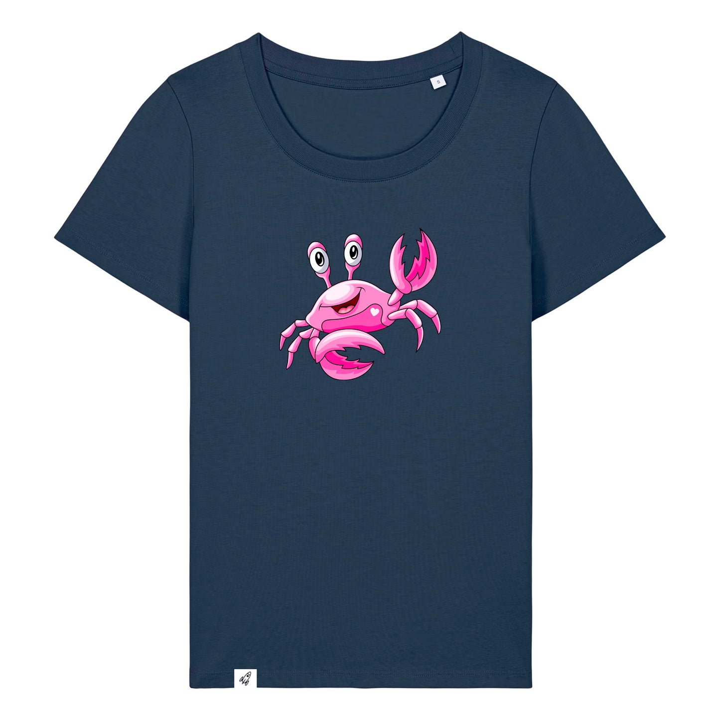 Dunkelblaues Damen T-Shirt aus der Pinktober Kollektion mit Krebs Motiv.