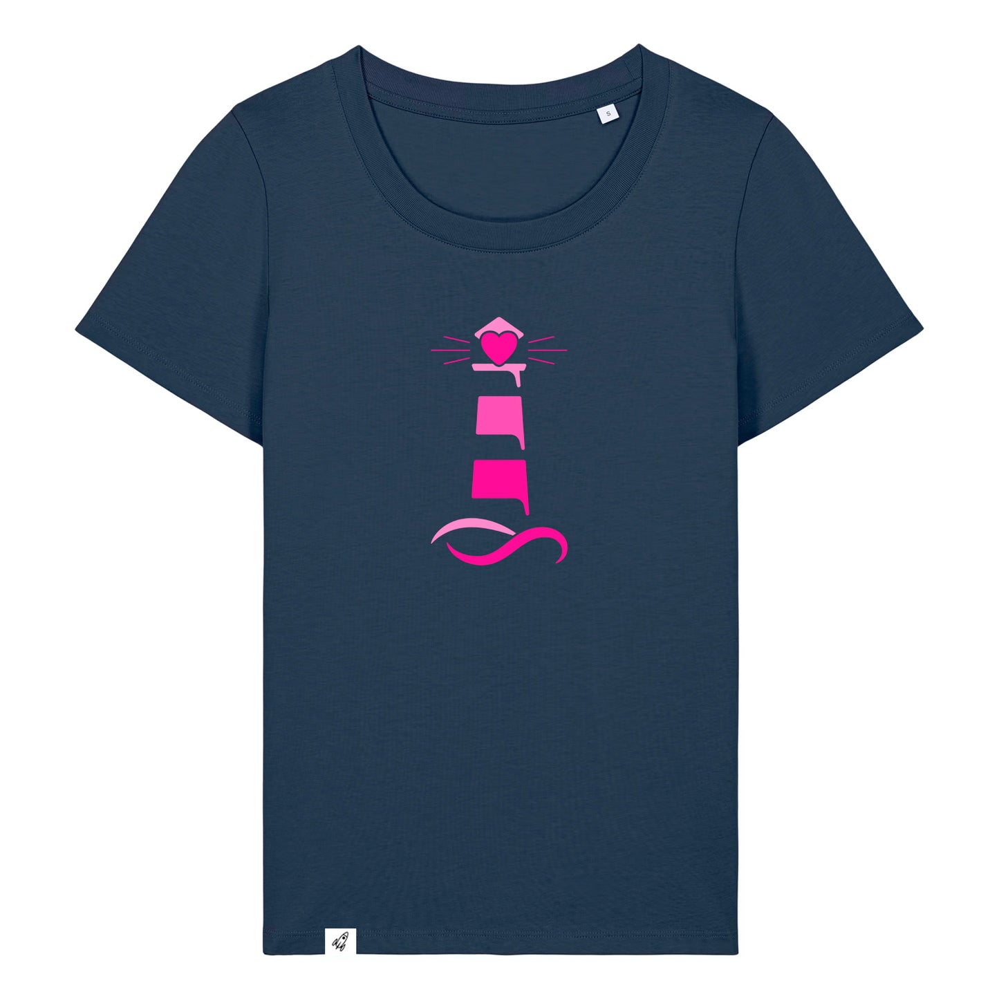 Dunkelblaues Damen T-Shirt aus der Pinktober Kollektion mit Leuchtturm Motiv.