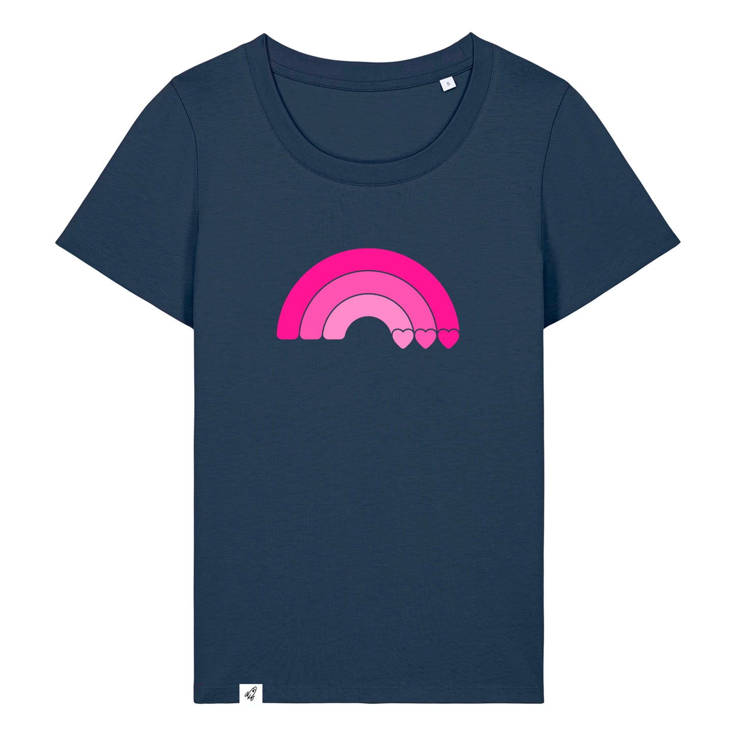 Dunkelblaues Damen T-Shirt aus der Pinktober Kollektion mit Regenbogen Motiv.